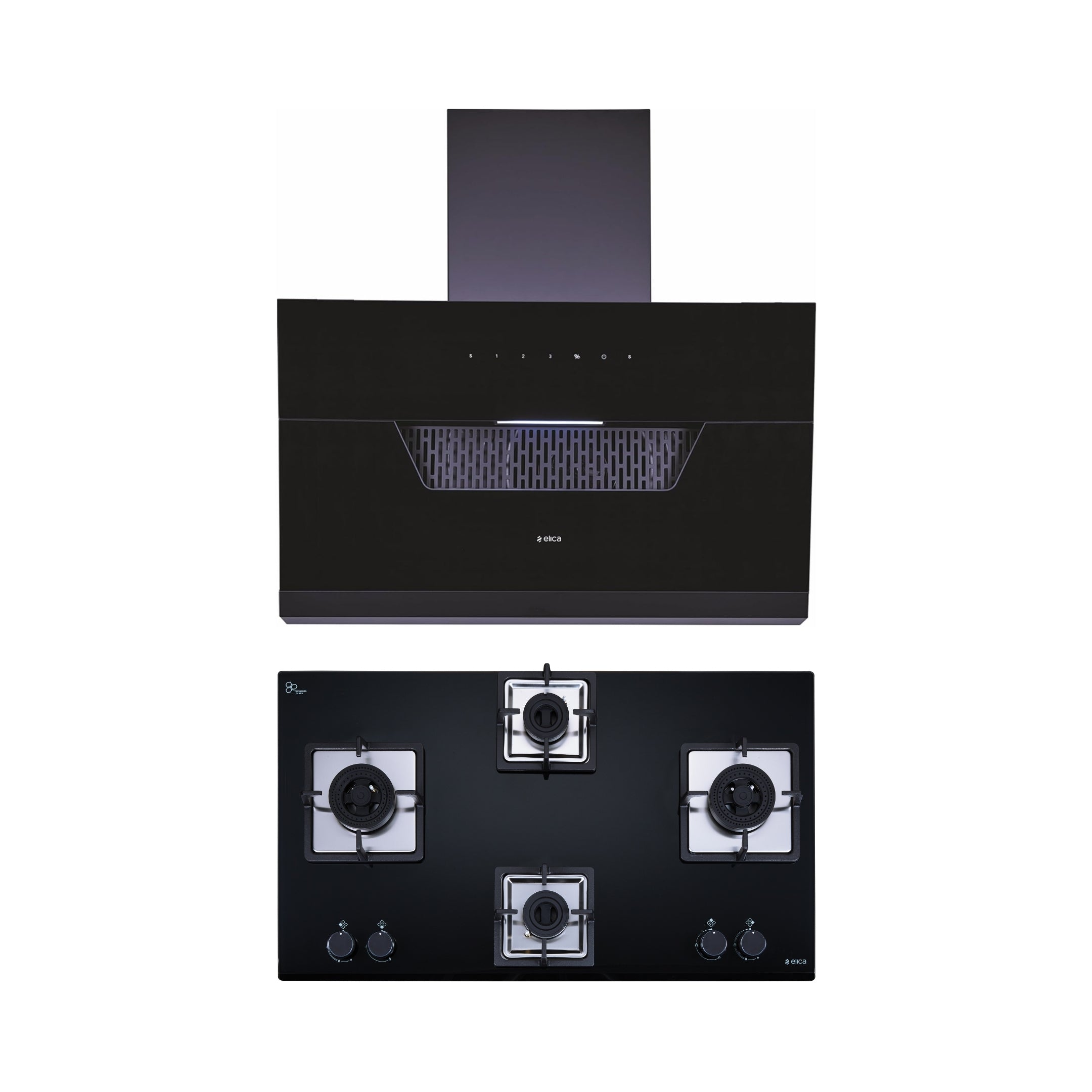 Elica 90 cm Wall Mounted Chimney Auto Sense Auto Sense EFL 207 HAC LTW VMS 90 + Elica 90 cm 4 Burner Hob DFS AB Series IND FLEXI AB 491 DX DFS