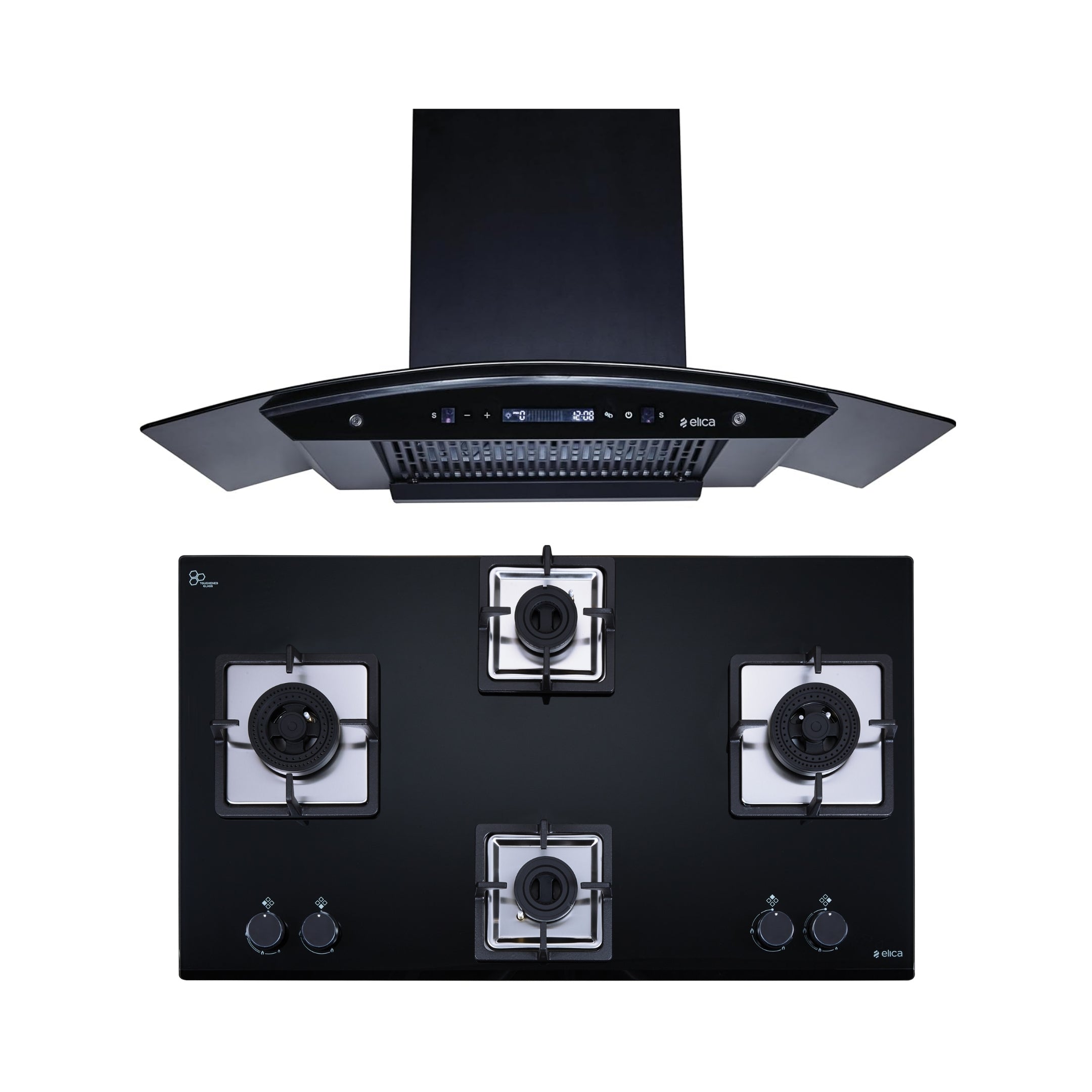 Elica 90 cm Wall Mounted Chimney CURVE FL 900 BLDC HAC LTW MS NERO + Elica 90 cm 4 Burner Hob DFS AB Series IND FLEXI AB 491 DX DFS