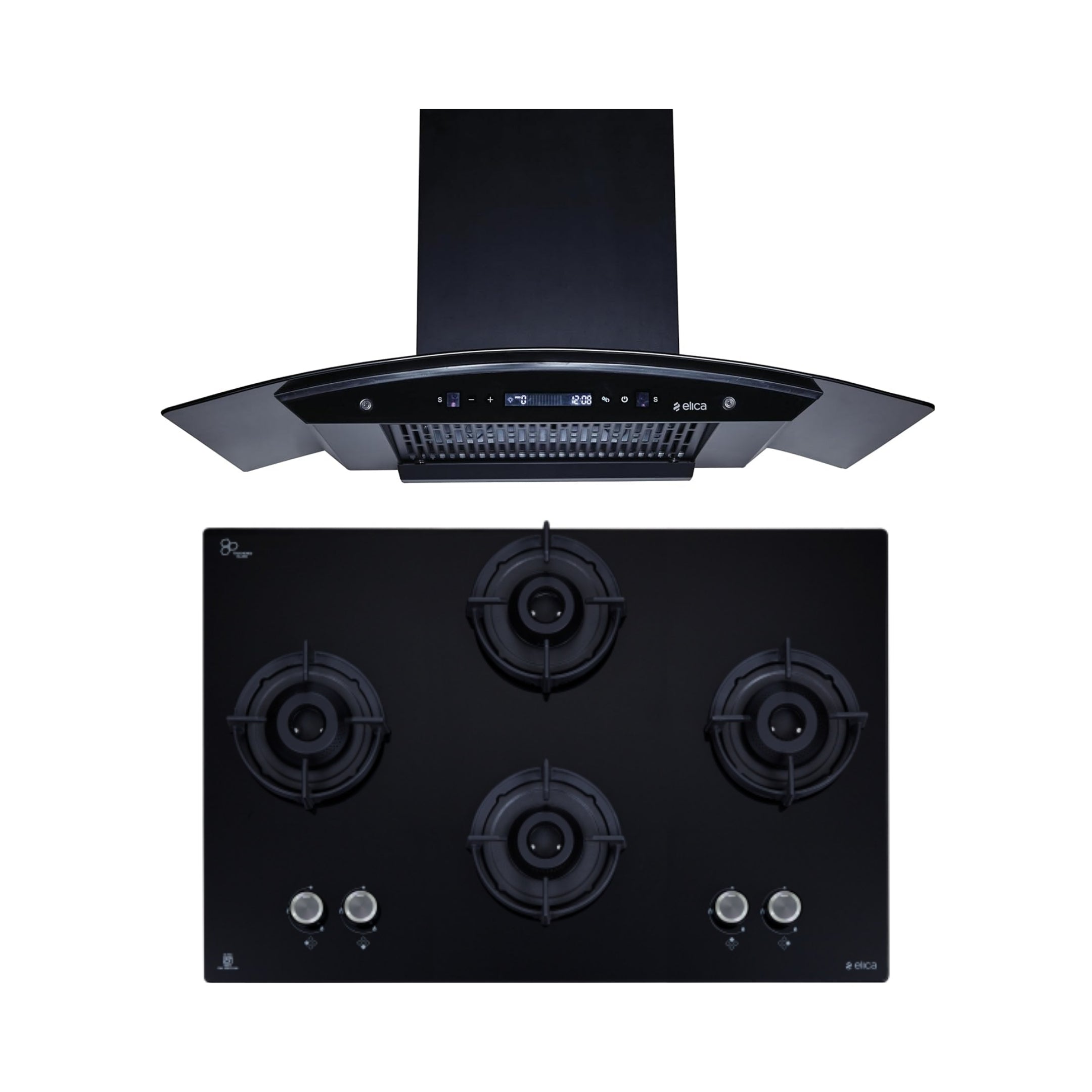 Elica 90 cm Wall Mounted Chimney CURVE FL 900 BLDC HAC LTW MS NERO + Elica 90 cm 4 Burner Hob Lotus Series FLEXI 491 LOTUS IND HD BRASS