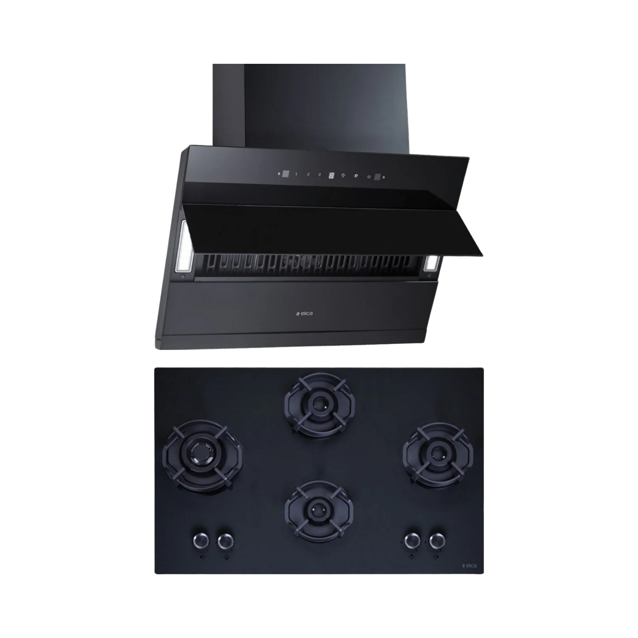 Elica 90 cm Wall Mounted Chimney EFL 3V 901 HAC LTW MS NERO + Elica 90 cm 4 Burner Hob Hexa IND Lotus MATT FLEXI HEXA 491 LOTUS IND HD BRASS