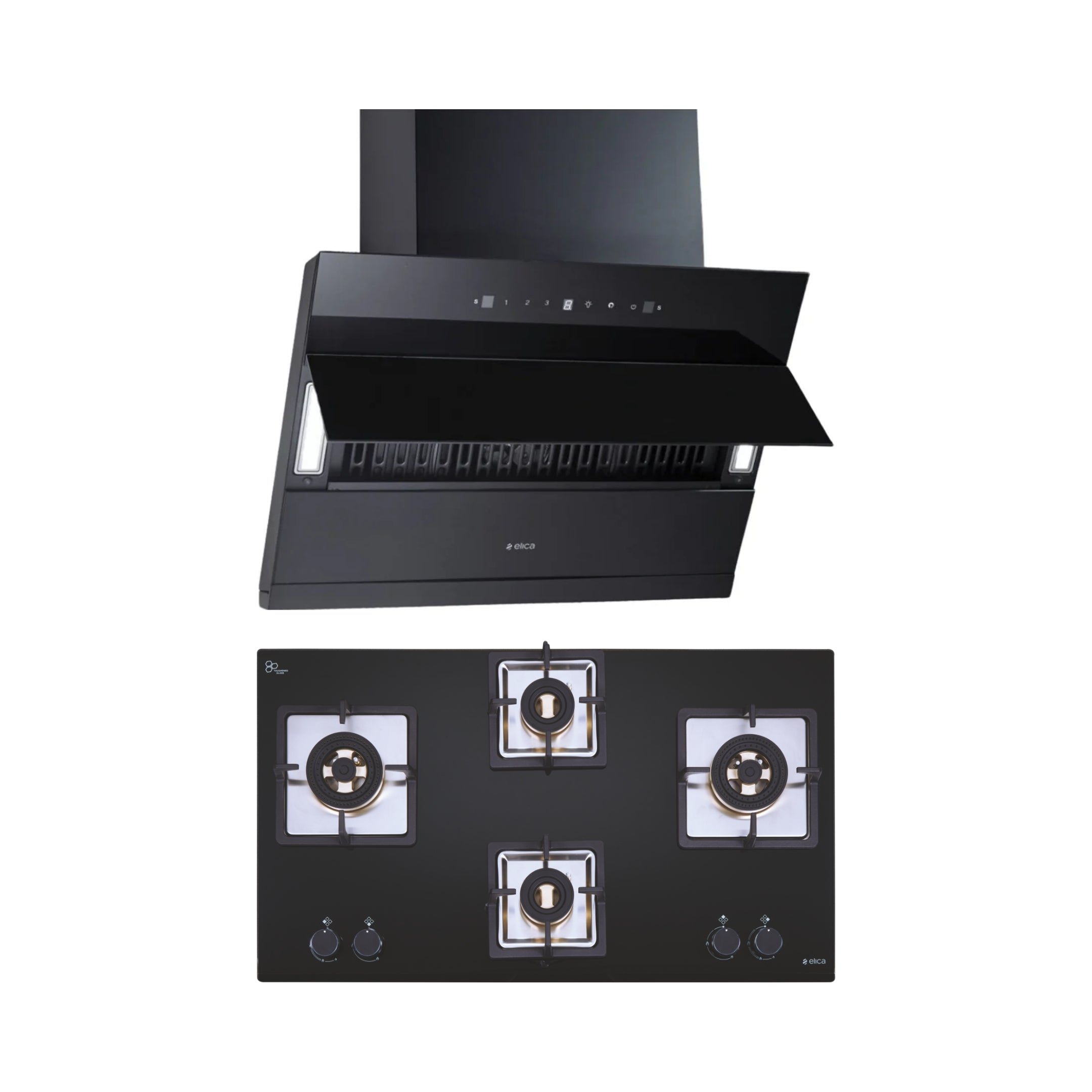 Elica 90 cm Wall Mounted Chimney EFL 3V 901 HAC LTW MS NERO + Elica 90 cm 4 Burner Hob Direct Flame Series IND FLEXI FB 491 DX DFS