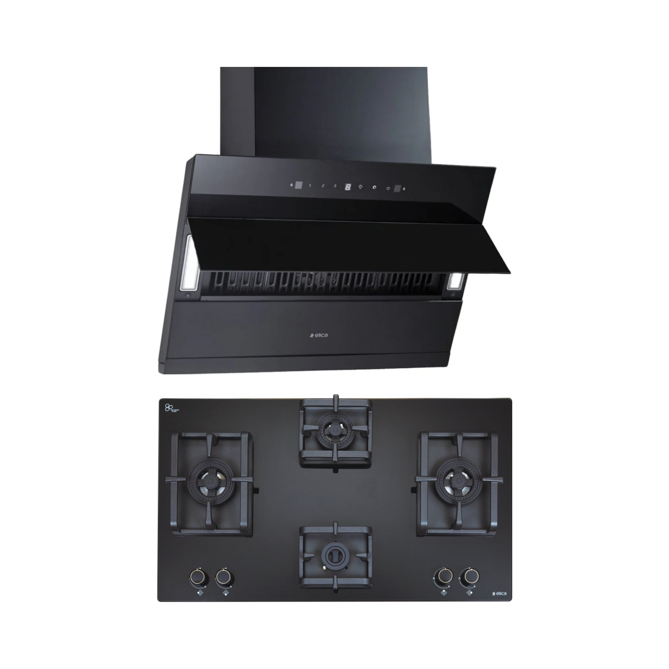 Elica 90 cm Wall Mounted Chimney EFL 3V 901 HAC LTW MS NERO + Elica 90 cm 4 Burner Hob DFS PRO AB Series FLEXI DFS PRO AB 4B 91 DX