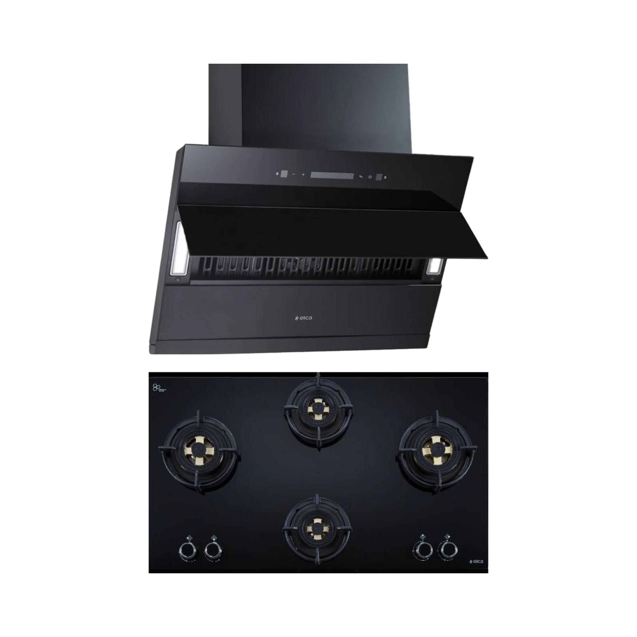 Elica 90 cm Wall Mounted Chimney EFL 3V 901 BLDC HAC LTW MS NERO + Elica 90 cm 4 Burner Hob Direct Flame Series DFS FB MFC 4B 91