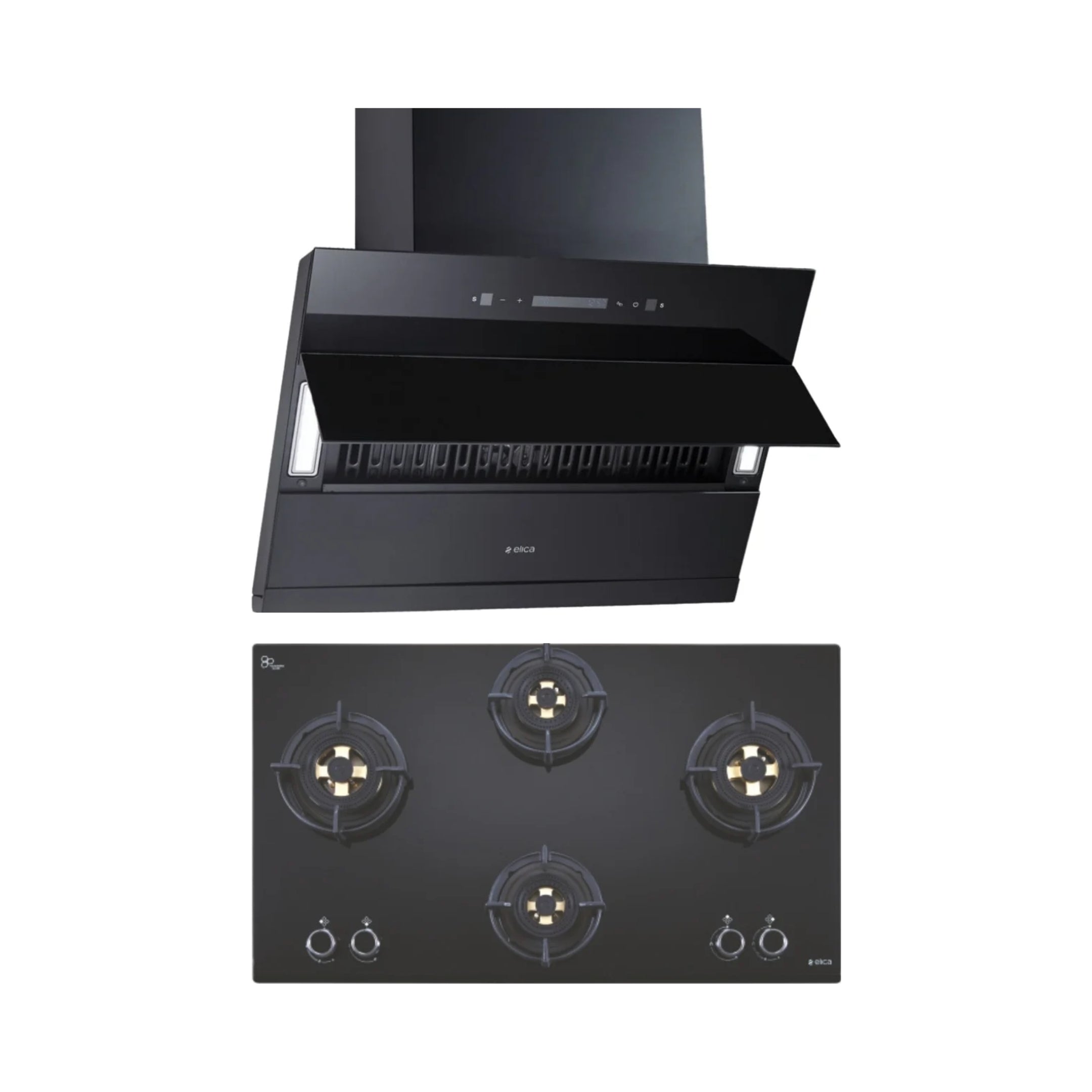 Elica 90 cm Wall Mounted Chimney EFL 3V 901 BLDC HAC LTW MS NERO + Elica 90 cm 4 Burner Hob Direct Flame Series FLEXI DFS FB 4B 91 TX