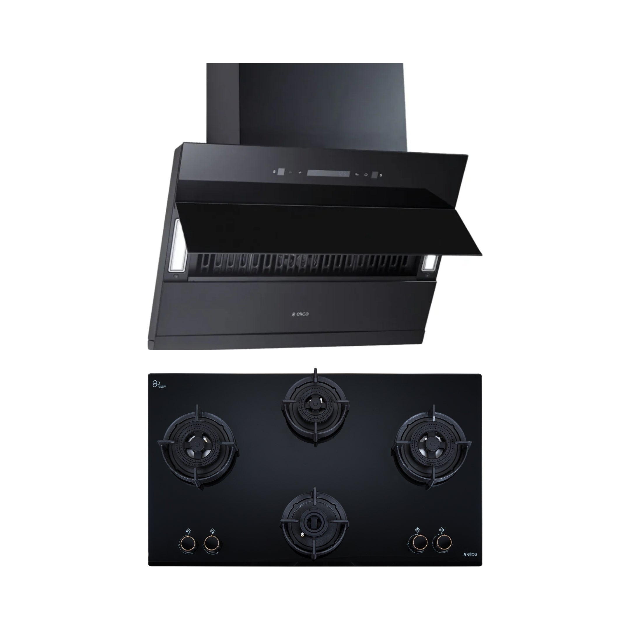 Elica 90 cm Wall Mounted Chimney EFL 3V 901 BLDC HAC LTW MS NERO + Elica 90 cm 4 Burner Hob DFS AB Series FLEXI DFS AB 4B 91 TX