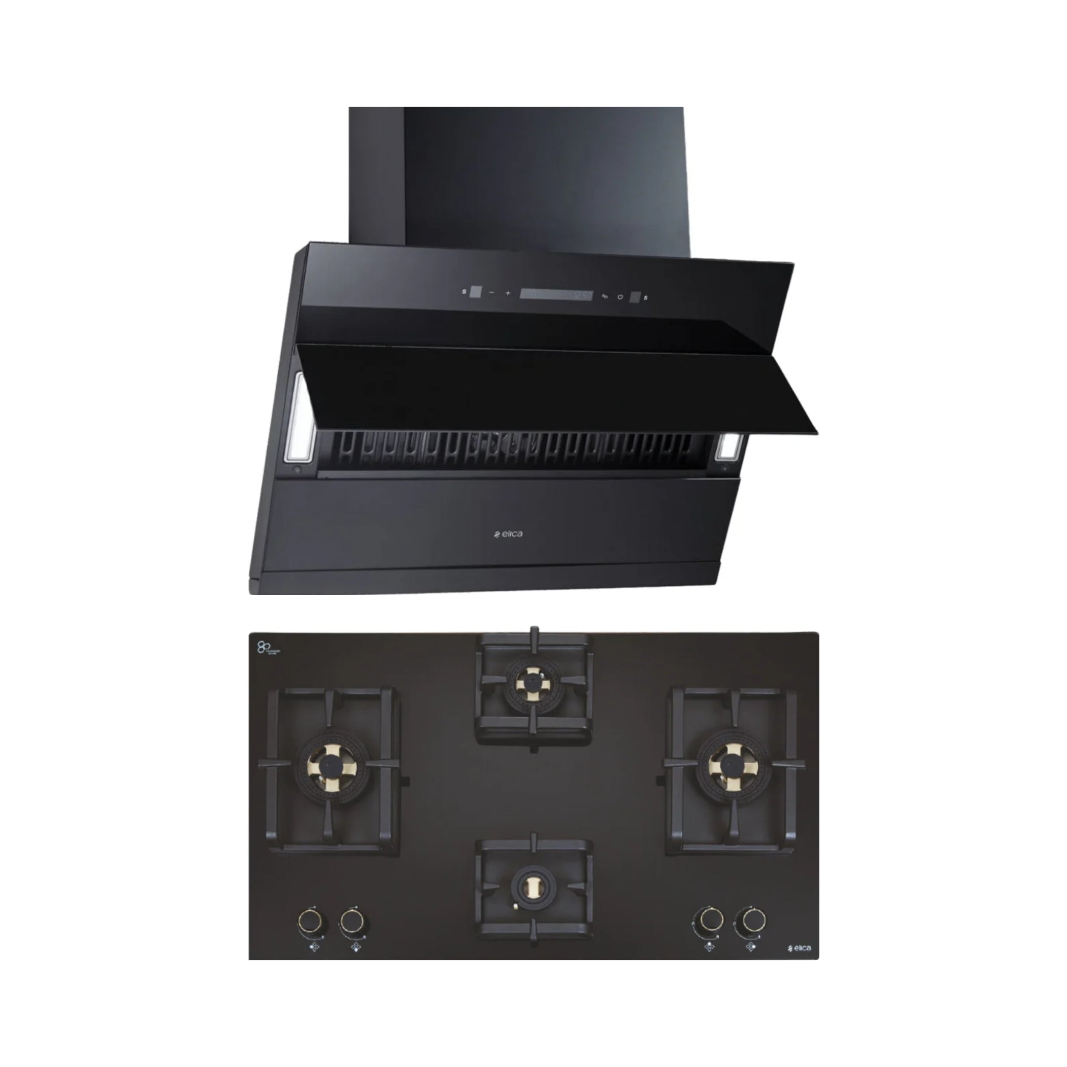Elica 90 cm Wall Mounted Chimney EFL 3V 901 BLDC HAC LTW MS NERO + Elica 90 cm 4 Burner Hob DFS PRO FB Series FLEXI DFS PRO FB 4B 91 DX