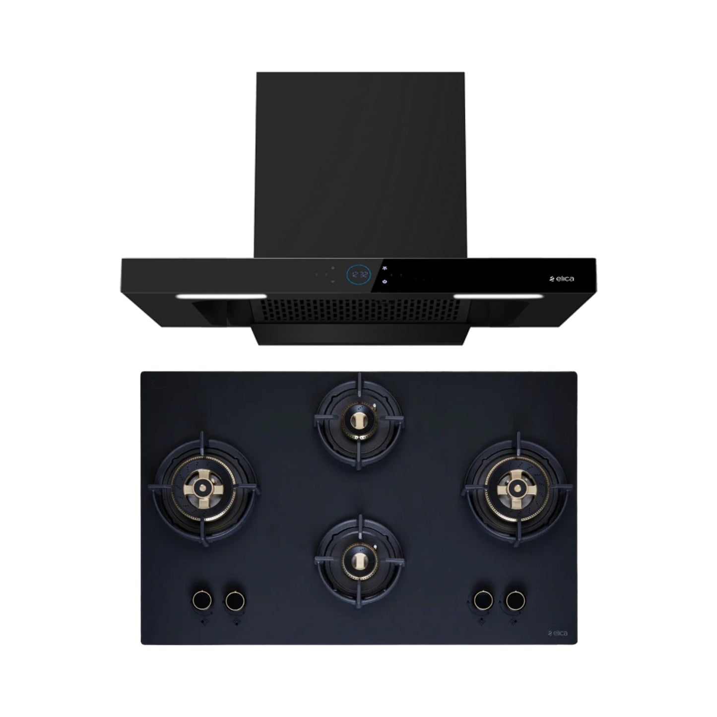 Elica 90 cm Wall Mounted Chimney Ismart Series ISMART SPOT FL HAC 90 LTW NERO + Elica 90 cm 4 Burner Hob Matt Flexi DFS Series MATT FLEXI DFS HE FB 4B 91 DX