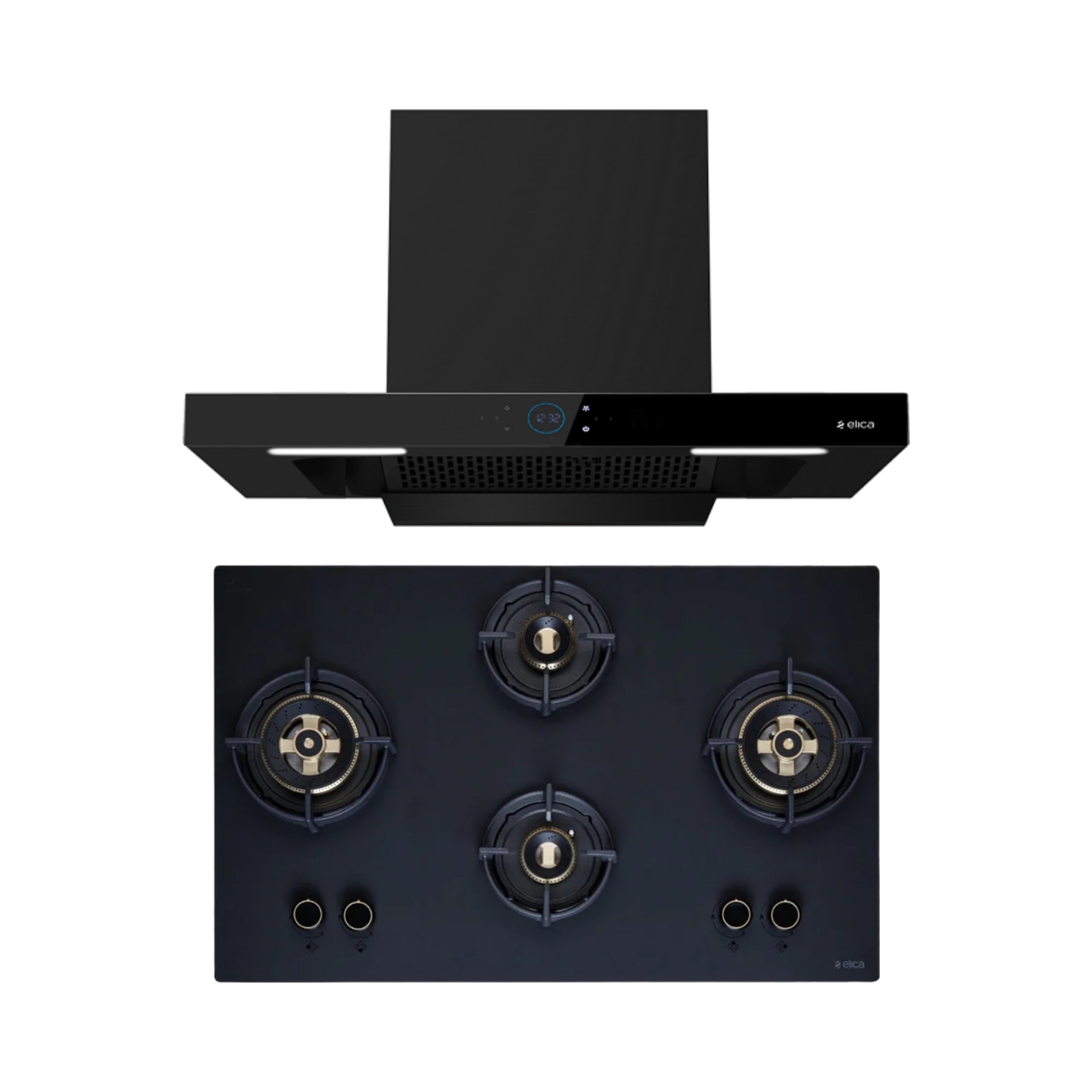 Elica 90 cm Wall Mounted Chimney Ismart Series ISMART SPOT FL HAC 90 LTW NERO + Elica 90 cm 4 Burner Hob Matt Flexi DFS Series MATT FLEXI DFS HE FB 4B 91 DX