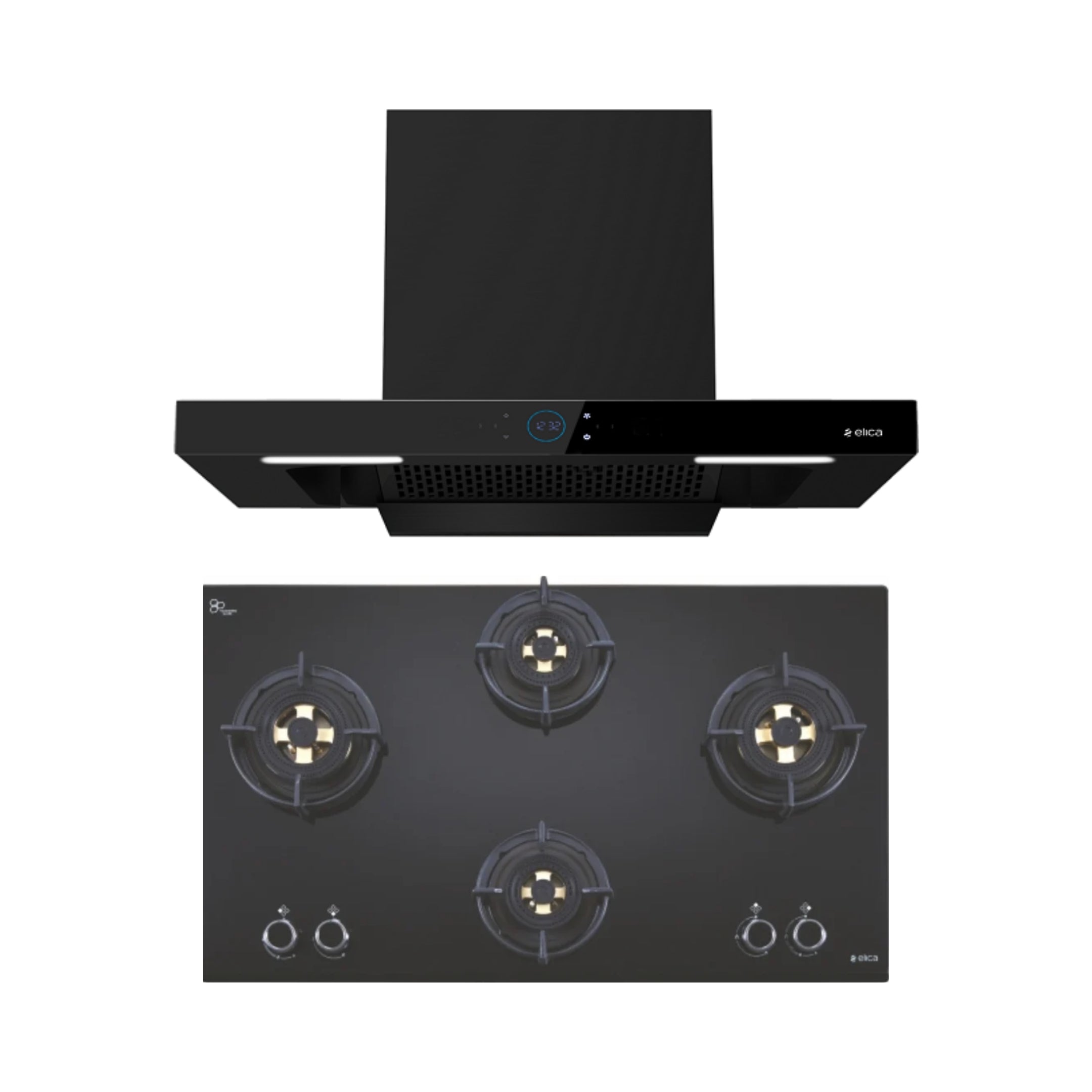 Elica 90 cm Wall Mounted Chimney Ismart Series ISMART SPOT FL HAC 90 LTW NERO + Elica 90 cm 4 Burner Hob Direct Flame Series FLEXI DFS FB 4B 91 TX