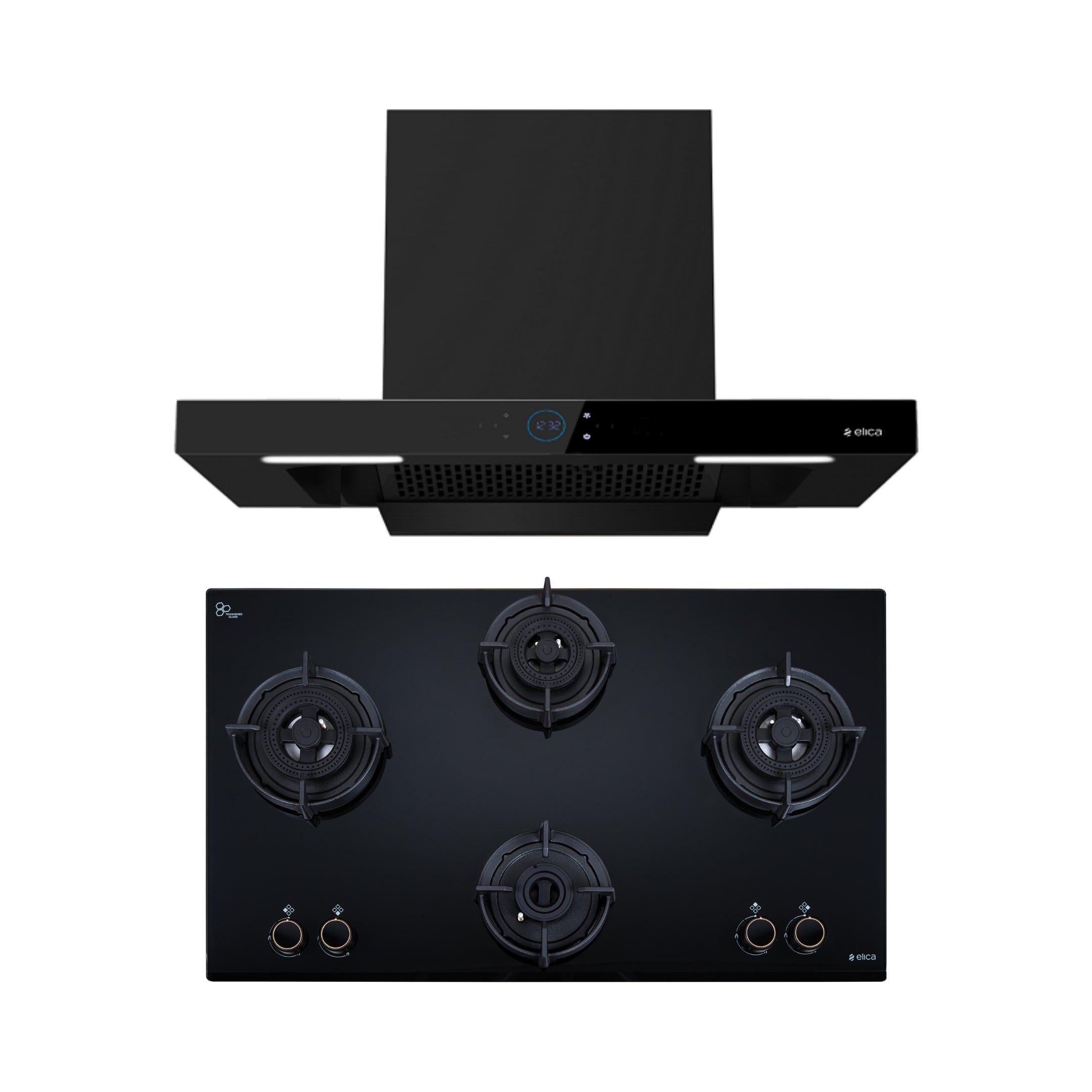 Elica 90 cm Wall Mounted Chimney Ismart Series ISMART SPOT FL HAC 90 LTW NERO + Elica 90 cm 4 Burner Hob DFS AB Series FLEXI DFS AB 4B 91 TX