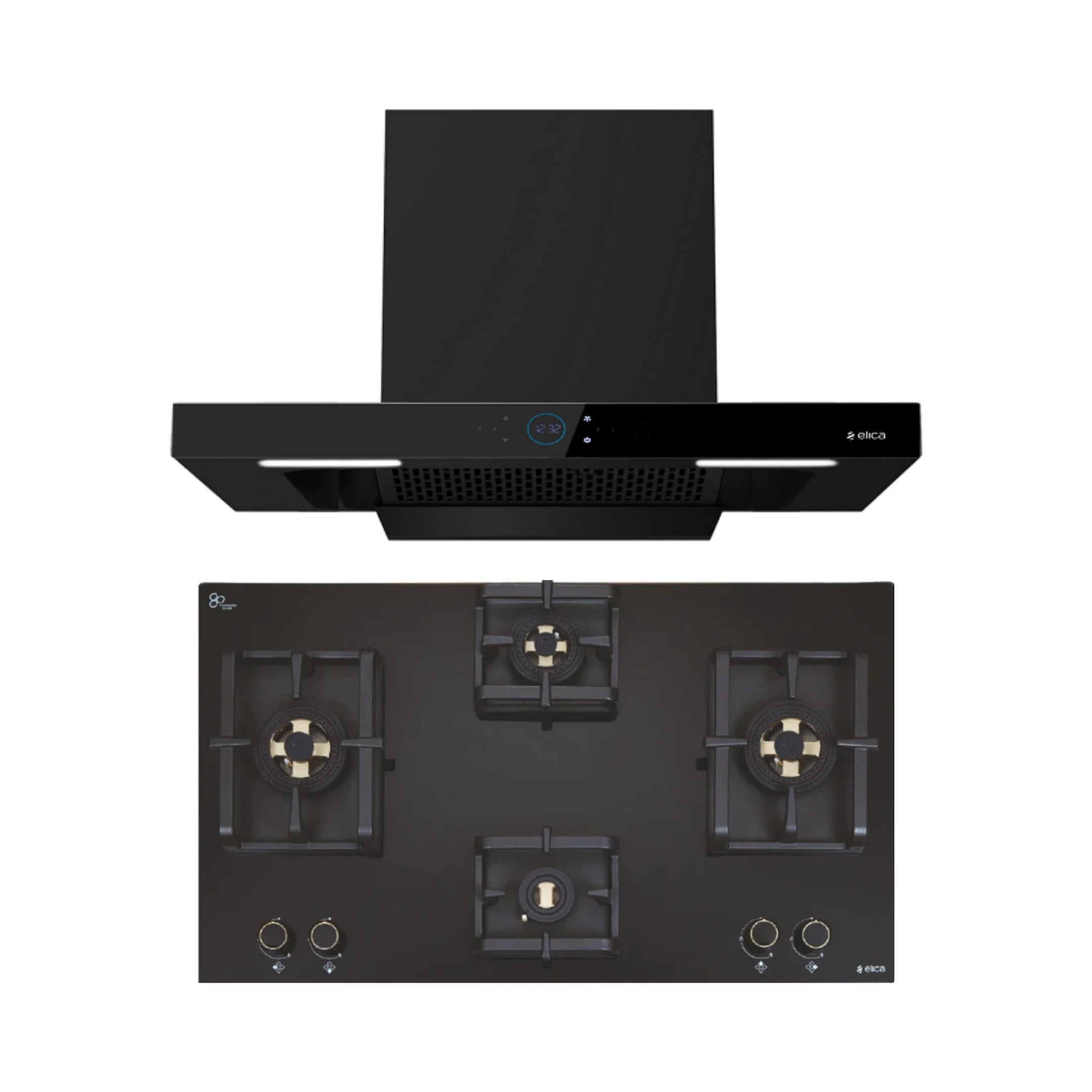 Elica 90 cm Wall Mounted Chimney Ismart Series ISMART SPOT FL HAC 90 LTW NERO + Elica 90 cm 4 Burner Hob DFS PRO FB Series FLEXI DFS PRO FB 4B 91 DX