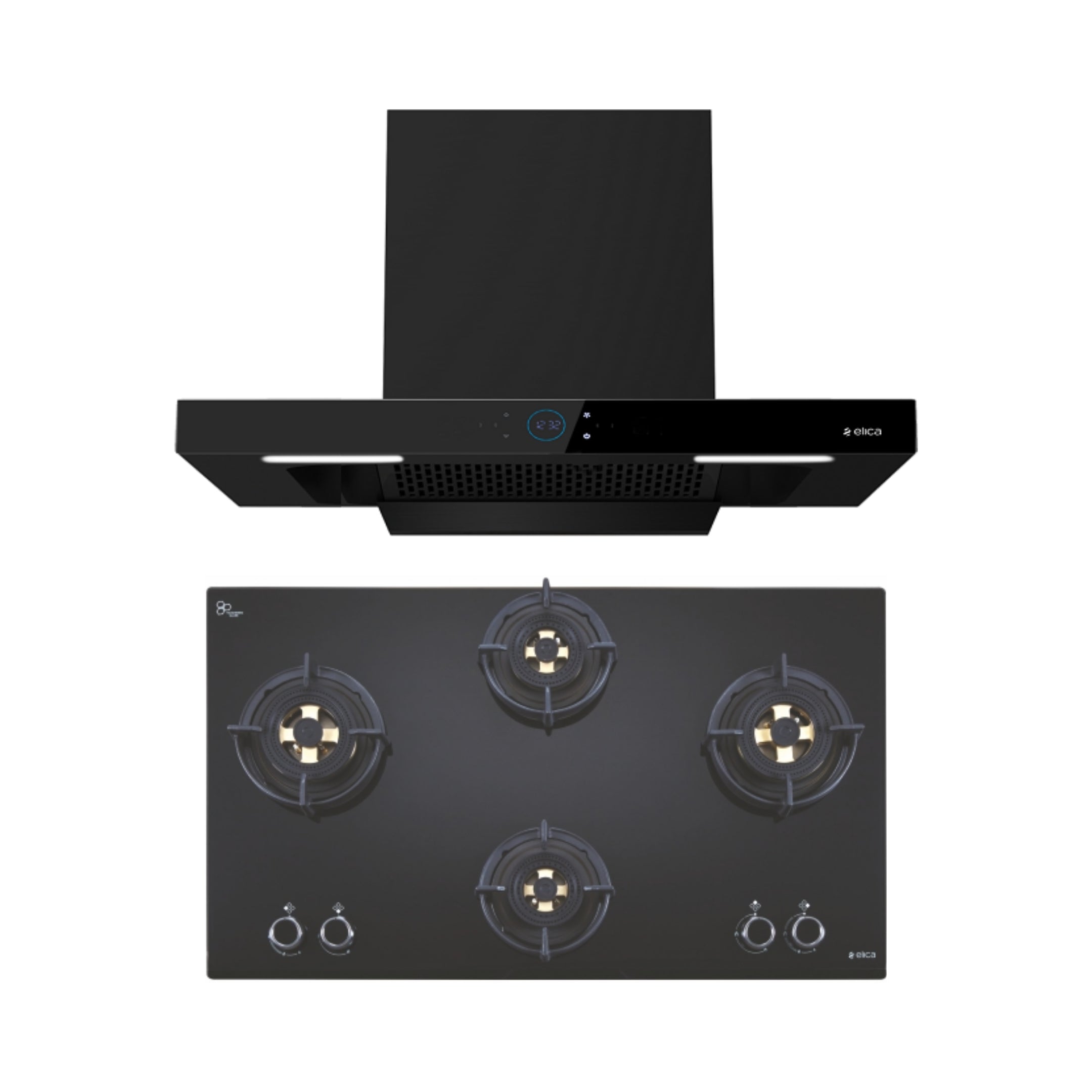 Elica 90 cm Wall Mounted Chimney Ismart Series ISMART SPOT FL HAC 90 LTW NERO + Elica 90 cm 4 Burner Hob Direct Flame Series DFS FB MFC 4B 91 DX