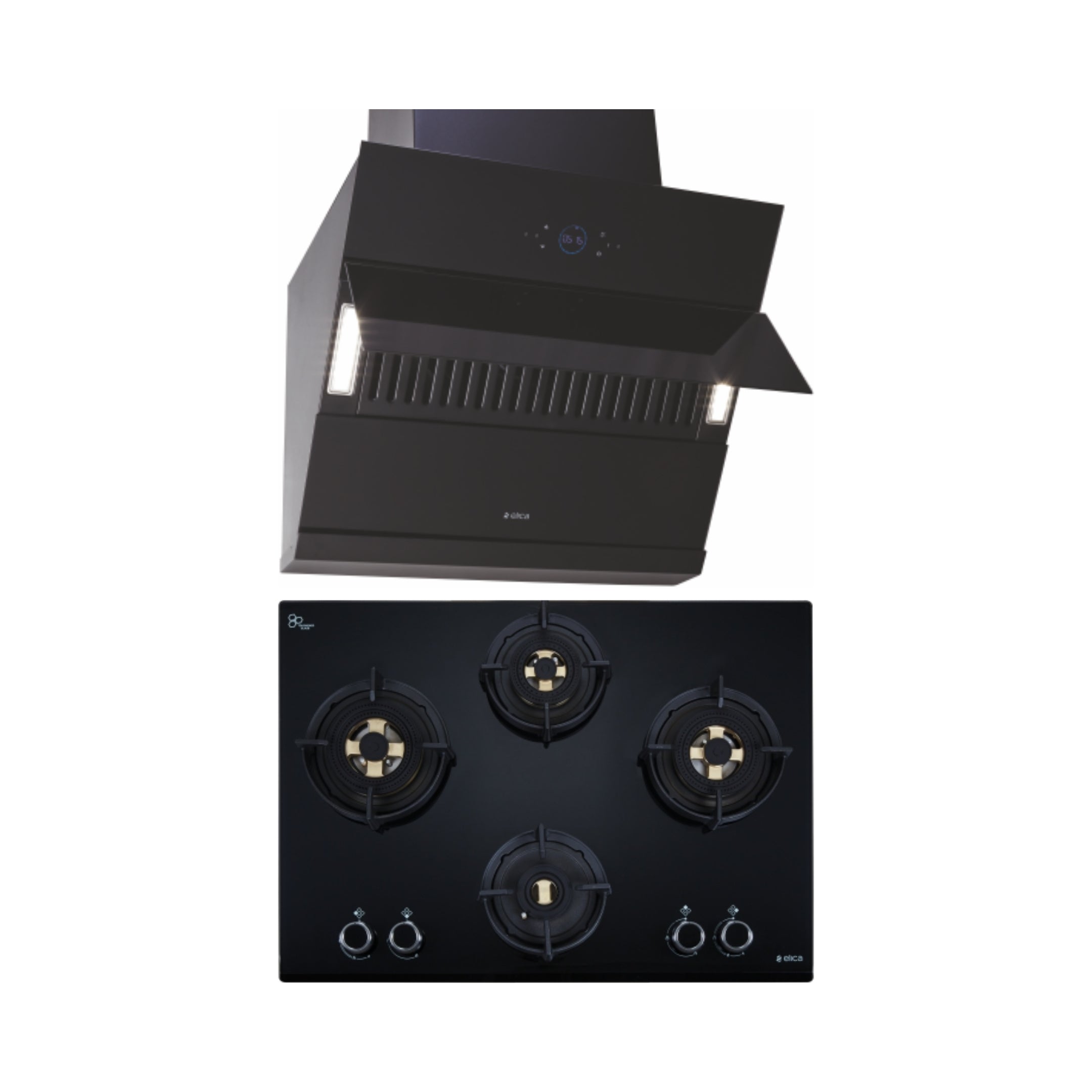 Elica 60 cm Wall Mounted Chimney Ismart Series ISMART EFL HAC LTW 60 + Elica 70 cm 4 Burner Hob Direct Flame Series DFS FB MFC 4B 70