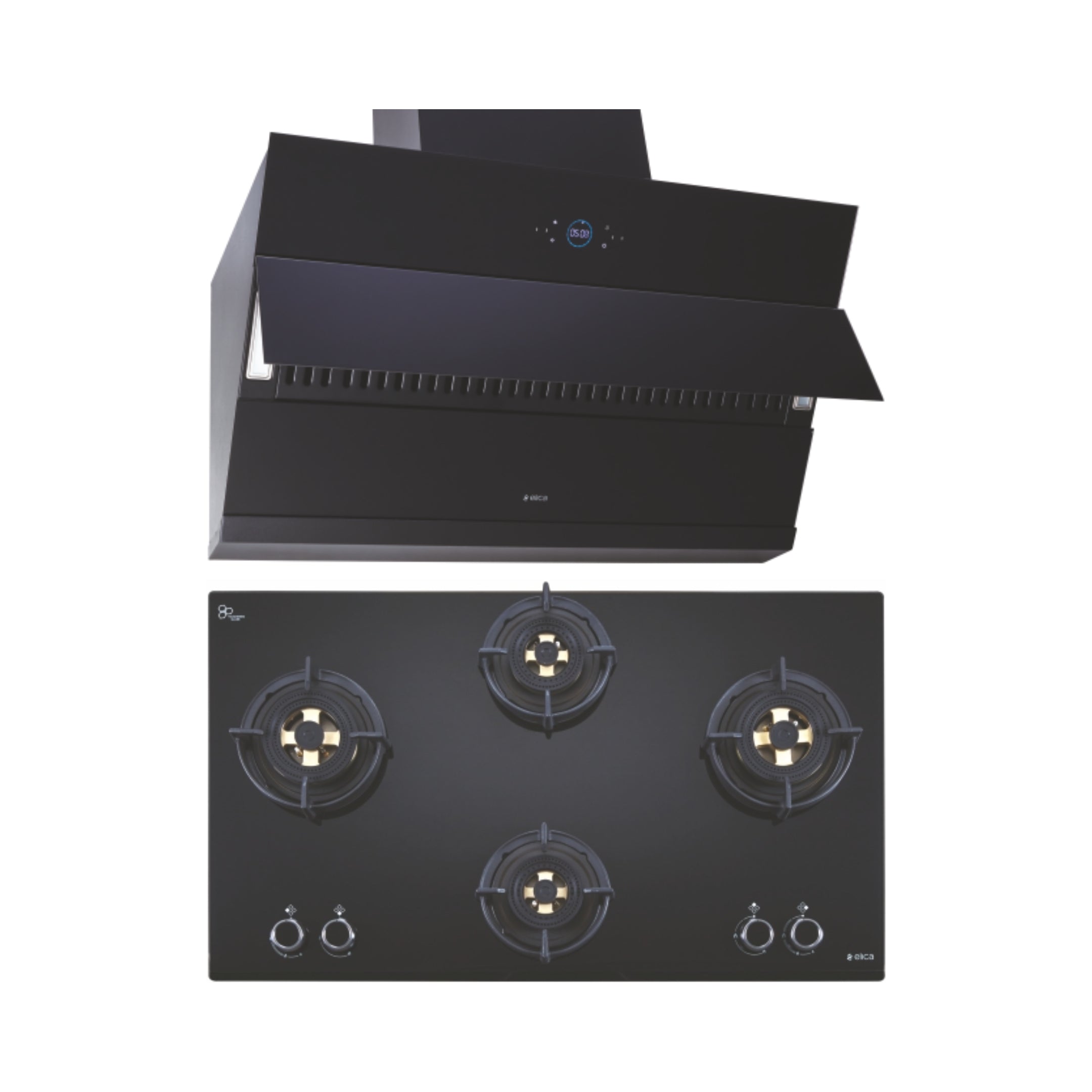 Elica 90 cm Wall Mounted Chimney Ismart Series ISMART EFL HAC LTW 90 + Elica 90 cm 4 Burner Hob Direct Flame Series DFS FB MFC 4B 91 DX