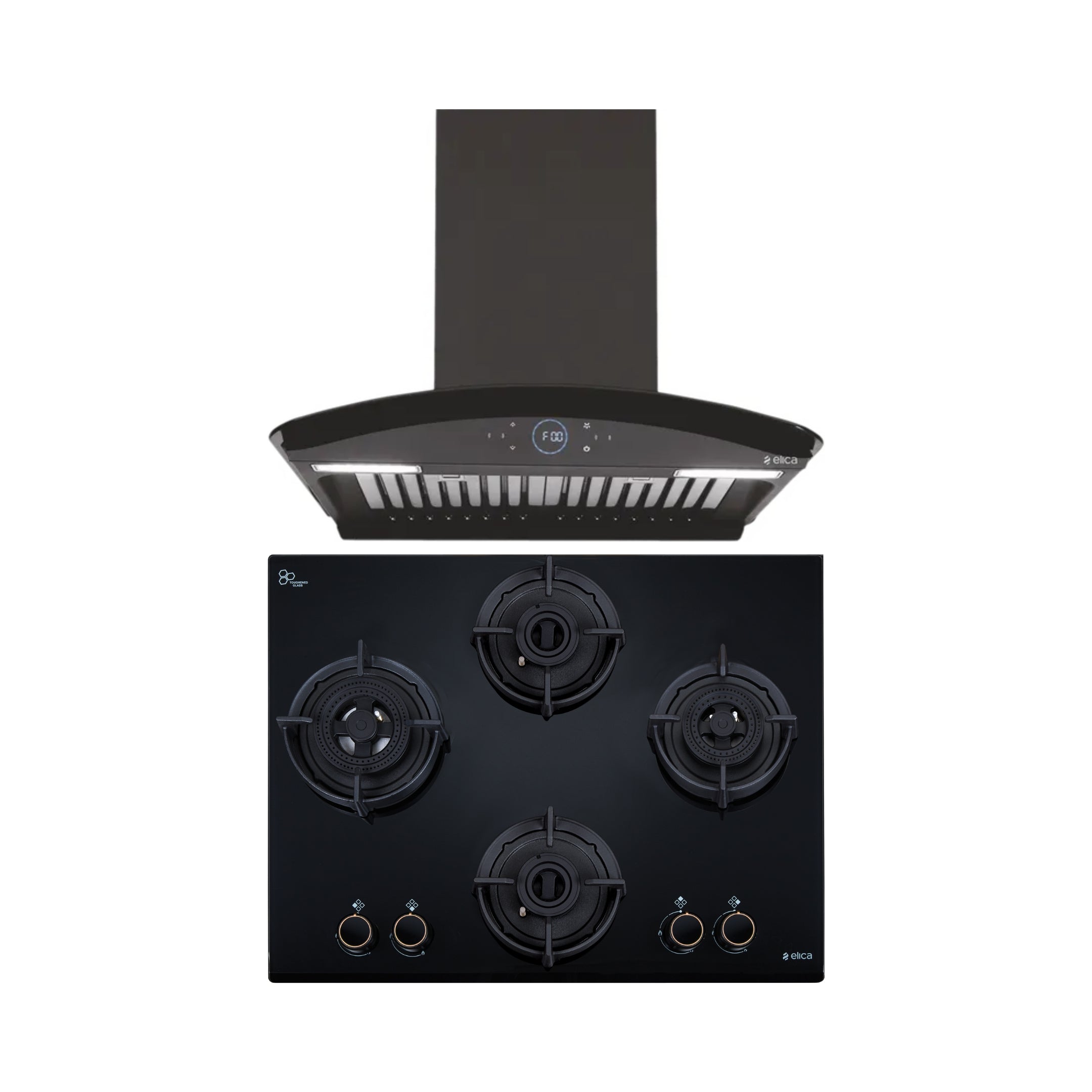 Elica 60 cm Wall Mounted Chimney Ismart Series ISMART GLACE HAC BF LTW 60 NERO + Elica 60 cm 4 Burner Hob DFS AB Series FLEXI DFS AB 4B 60 DX