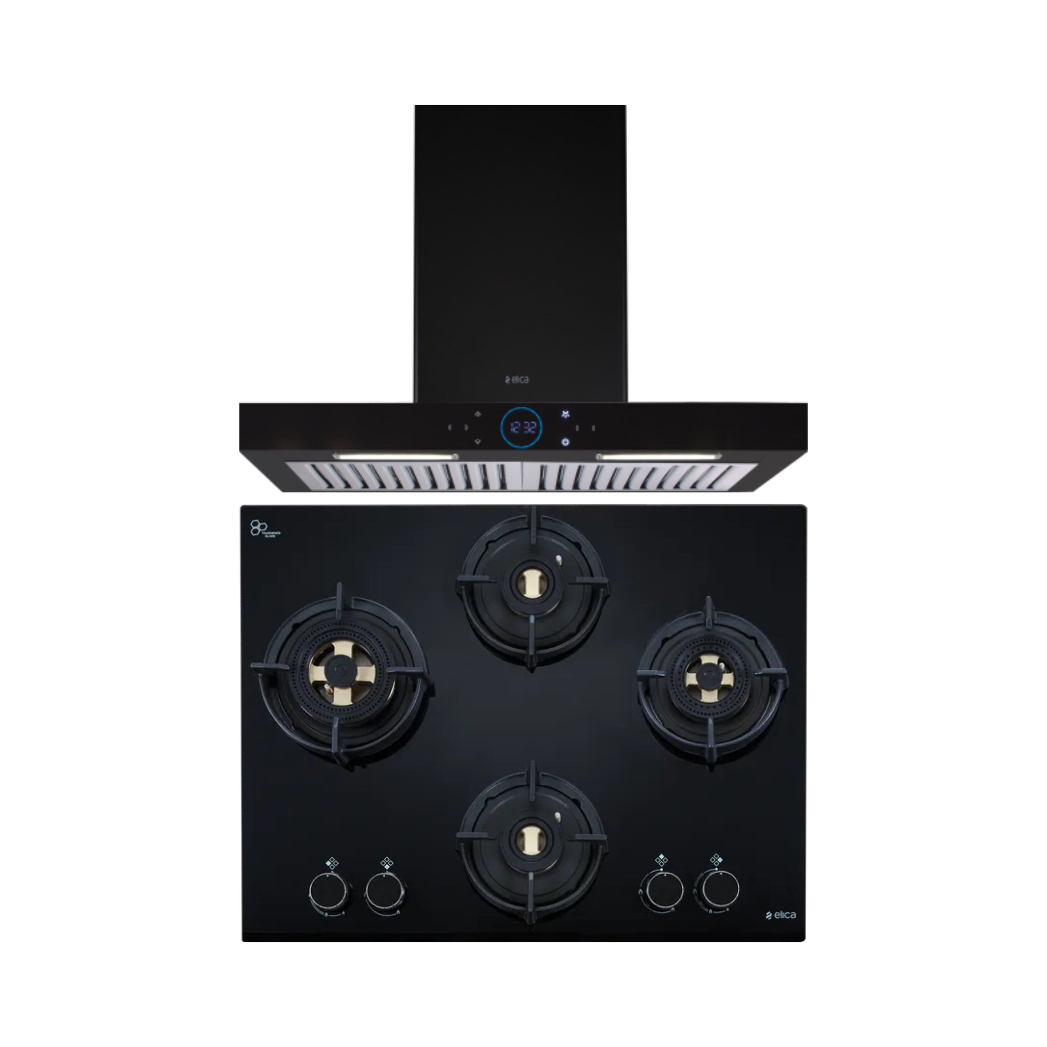 Elica 60 cm Wall Mounted Chimney Ismart Series ISMART SPOT H6 BF LTW 60 NERO + Elica 60 cm 4 Burner Hob Direct Flame Series FLEXI DFS FB 4B 60 DX