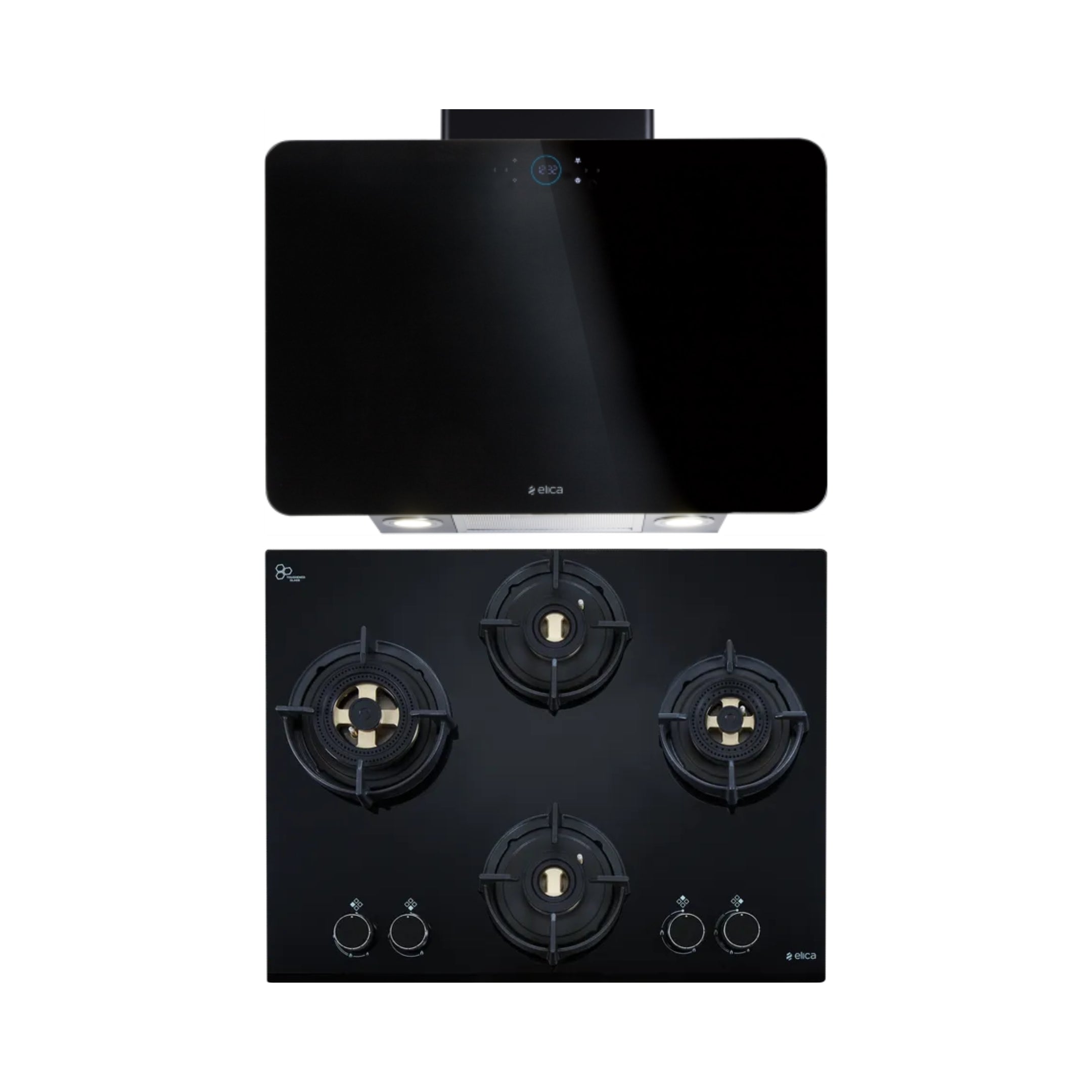 Elica 60 cm Wall Mounted Chimney Ismart Series ISMART KITTY LTW 60 NERO + Elica 60 cm 4 Burner Hob Direct Flame Series FLEXI DFS FB 4B 60 DX