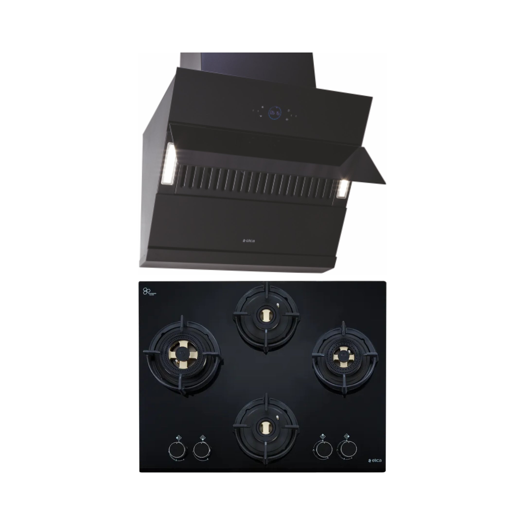 Elica 60 cm Wall Mounted Chimney Ismart Series ISMART EFL HAC LTW 60 + Elica 60 cm 4 Burner Hob Direct Flame Series FLEXI DFS FB 4B 60 DX