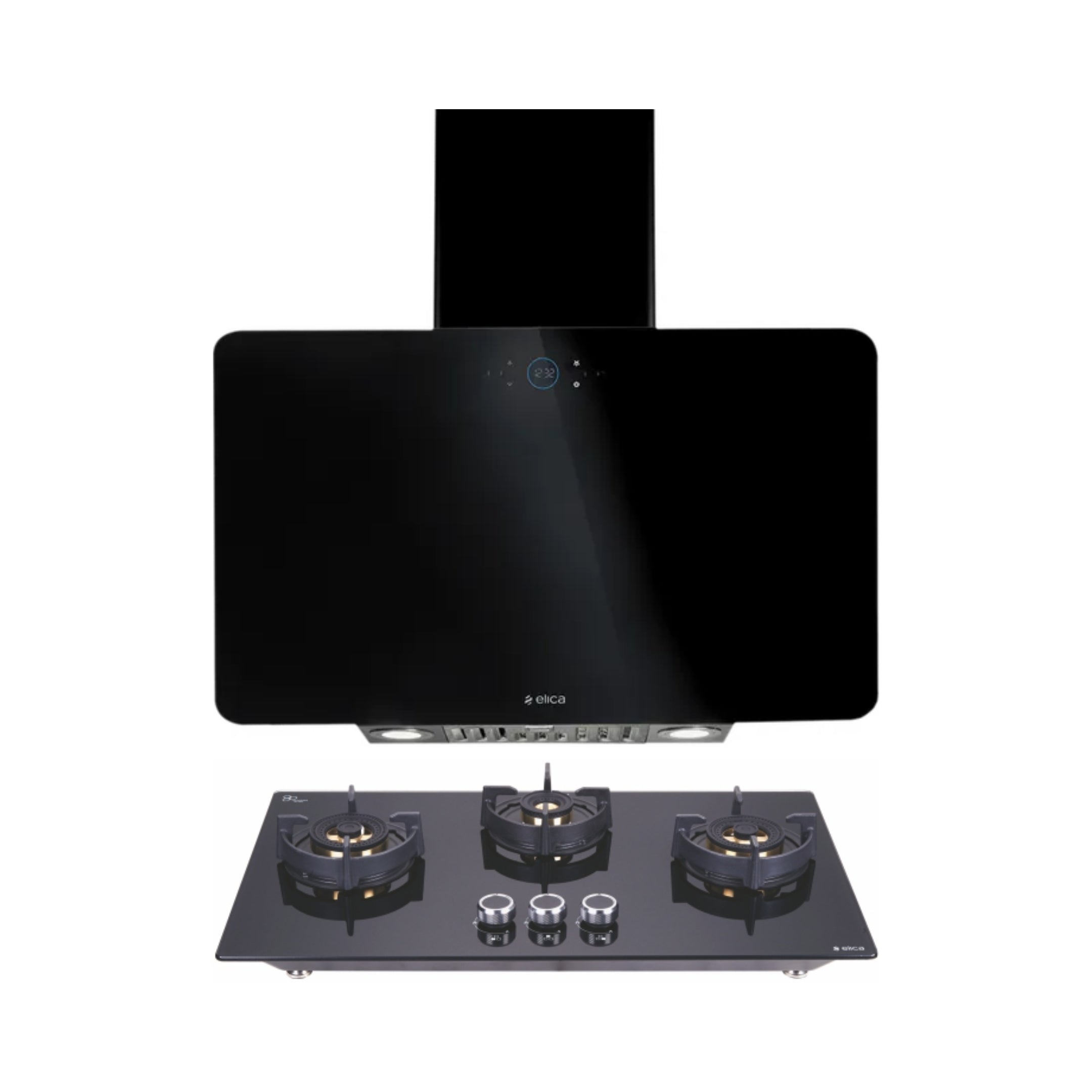 Elica 75 cm Wall Mounted Chimney Ismart Series ISMART KITTY LTW 75 NERO + Elica 75 cm 3 Burner Hob Direct Flame Series FLEXI DFS FB 3B 75 DX
