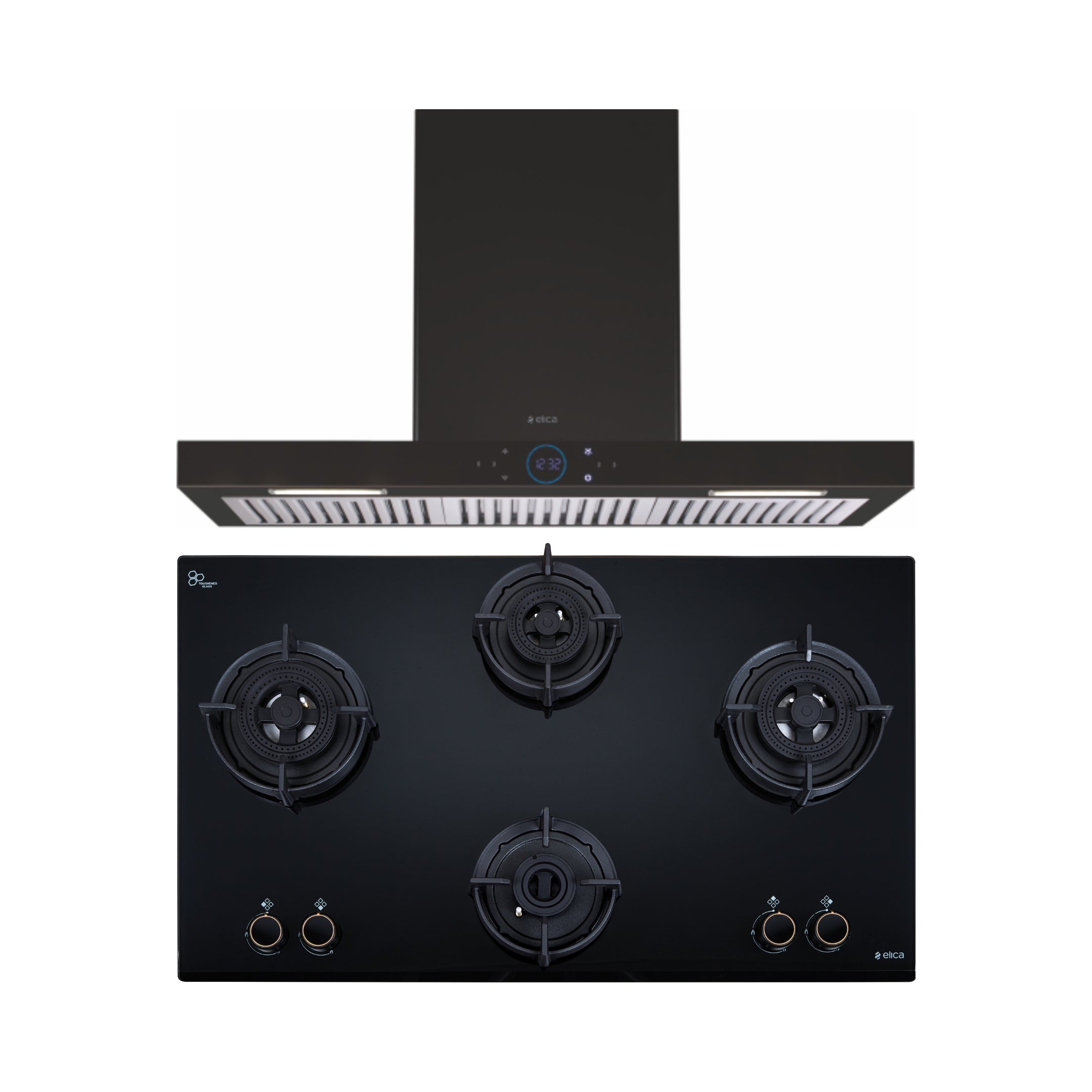 Elica 90 cm Wall Mounted Chimney Ismart Series ISMART SPOT H6 BF LTW 90 NERO + Elica 90 cm 4 Burner Hob DFS AB Series FLEXI DFS AB 4B 91 TX
