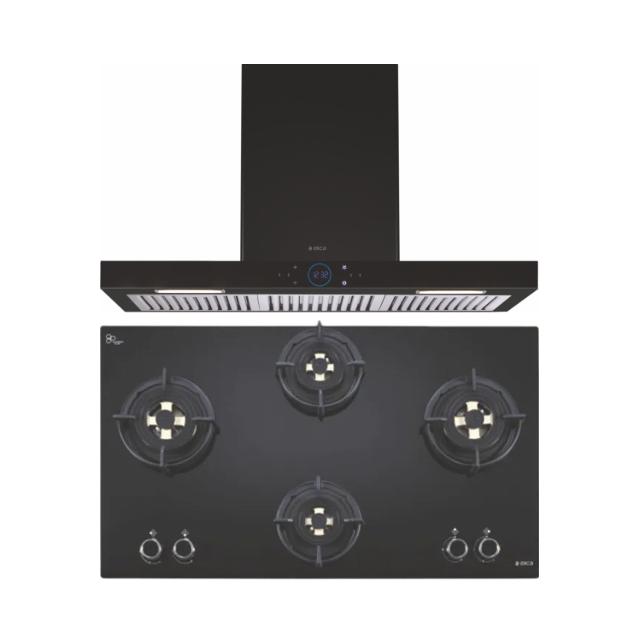 Elica 90 cm Wall Mounted Chimney Ismart Series ISMART SPOT H6 BF LTW 90 NERO + Elica 90 cm 4 Burner Hob Direct Flame Series FLEXI DFS FB 4B 91 TX