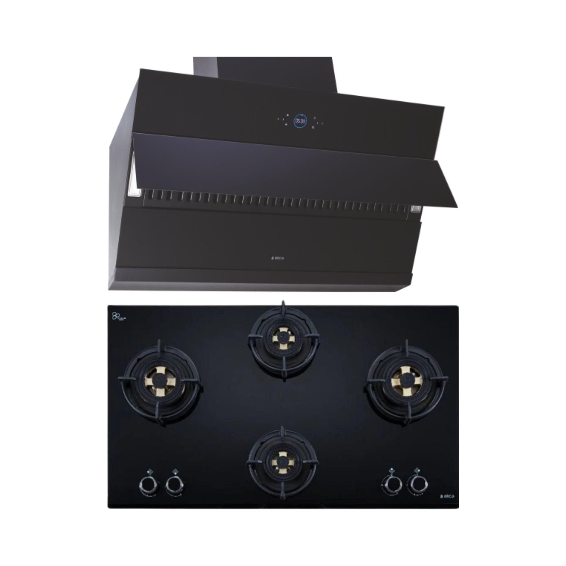 Elica 90 cm Wall Mounted Chimney Ismart Series ISMART EFL HAC LTW 90 + Elica 90 cm 4 Burner Hob Direct Flame Series DFS FB MFC 4B 91