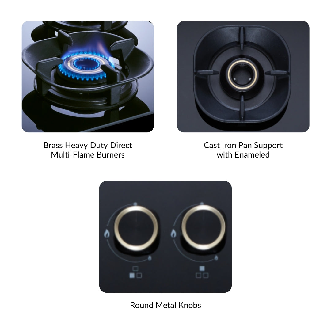 Elica 90 cm Wall Mounted Chimney Auto Sense Auto Sense EFL 207 HAC LTW VMS 90 + Elica 90 cm 4 Burner Hob Crown Lotus Series CROWN FLEXI 491 LOTUS IND HD BRASS