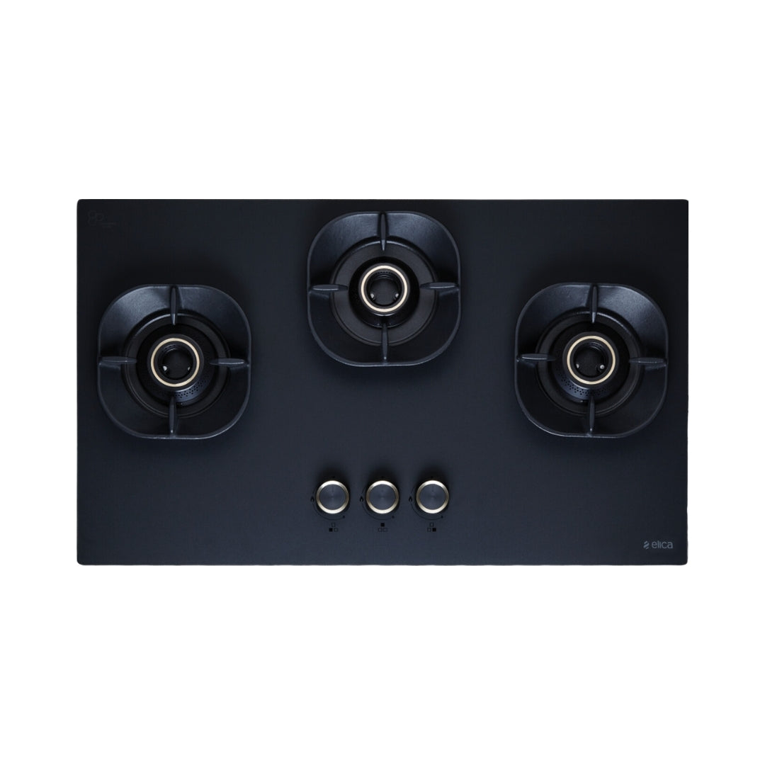 Elica 75 cm Wall Mounted Chimney Ismart Series ISMART GLACE FL HAC 75 LTW NERO + Elica 75 cm 3 Burner Hob Matt Crown Lotus Series MATT CROWN FLEXI 375 LOTUS IND HD BRASS