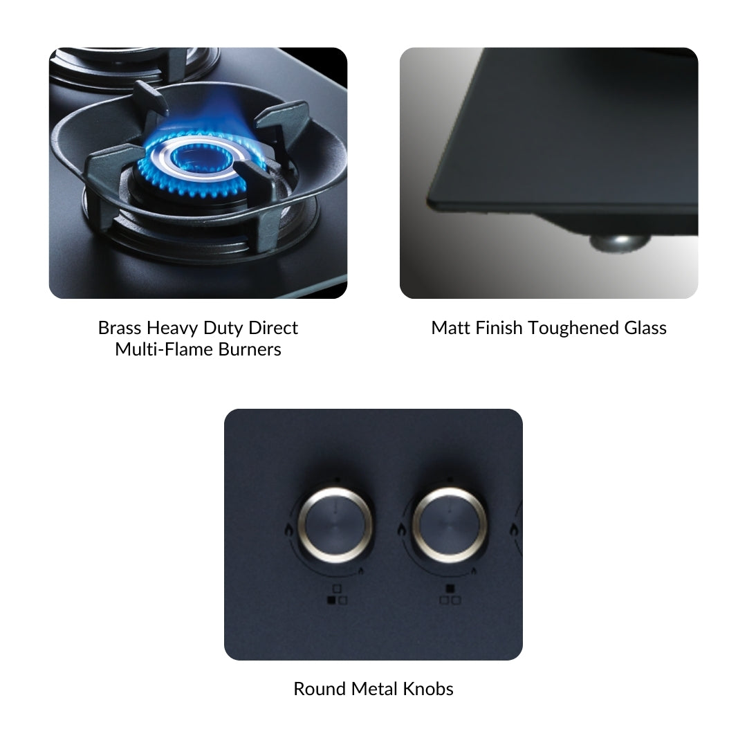 Elica 75 cm Wall Mounted Chimney Ismart Series ISMART GLACE FL HAC 75 LTW NERO + Elica 75 cm 3 Burner Hob Matt Crown Lotus Series MATT CROWN FLEXI 375 LOTUS IND HD BRASS