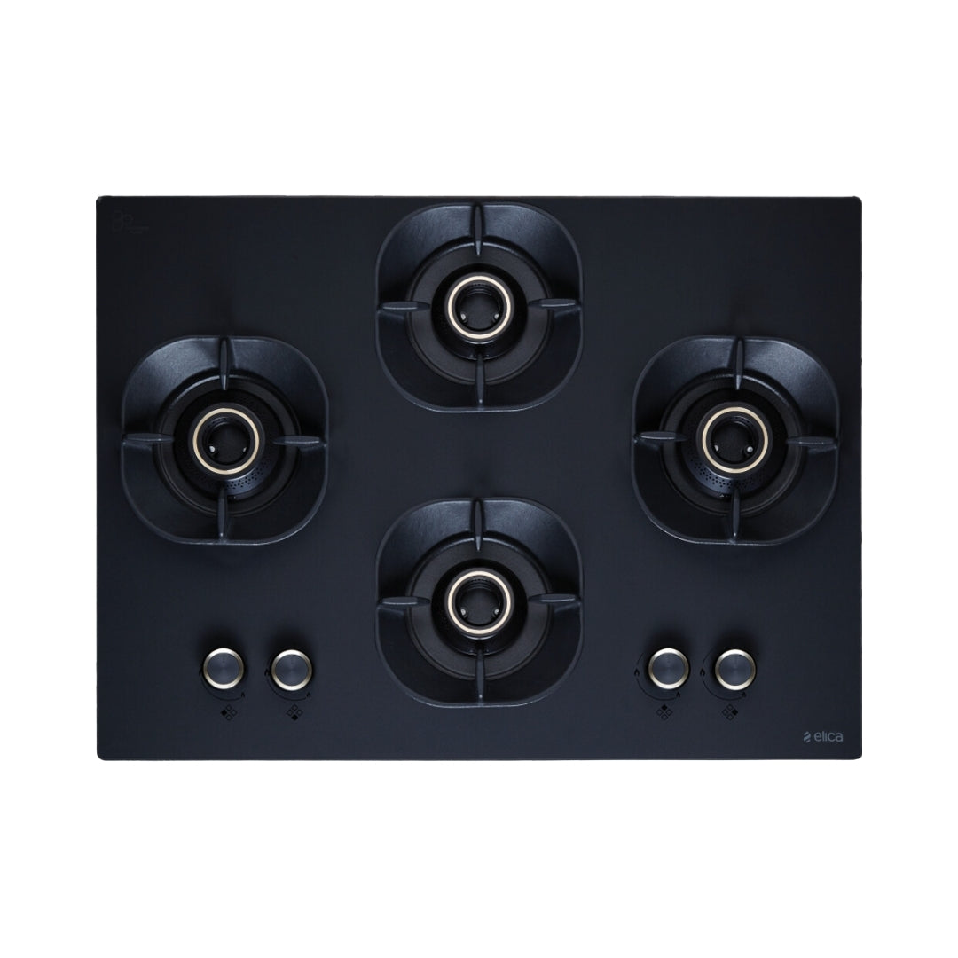 Elica 60 cm Wall Mounted Chimney EFL 3V 601 HAC LTW MS NERO + Elica 70 cm 4 Burner Hob Matt Crown Lotus Series MATT CROWN FLEXI 470 LOTUS IND HD BRASS