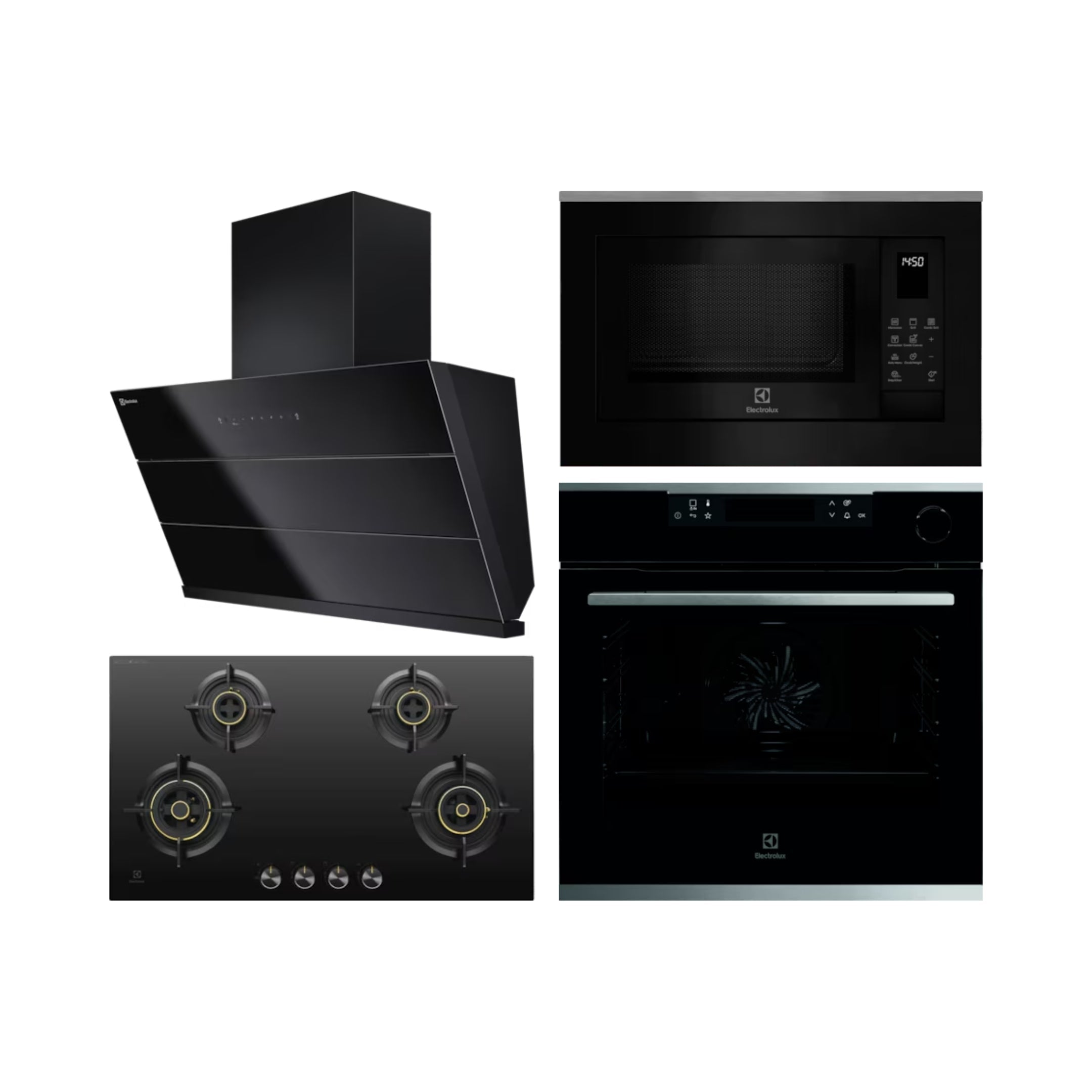 Electrolux Built In Oven with Steam Assist KOCBP21XA + Electrolux Built-In Convection Microwave EMSB25XC + Electrolux 90 cm Wall Mounted Chimney ECS9932KB + Electrolux 90 cm 4 Burner Hob UltimateTaste 300 EHG9430BCI
