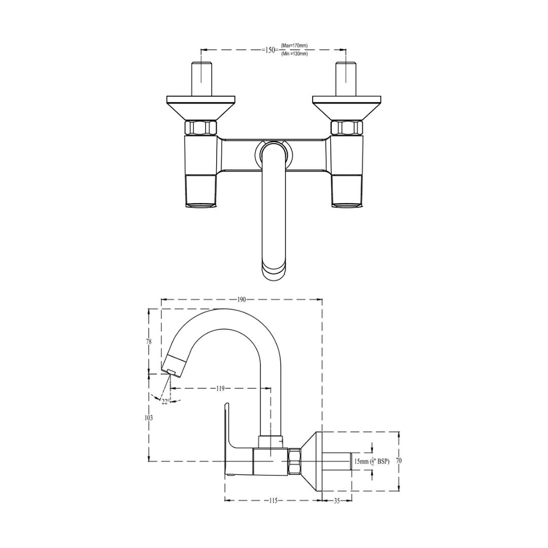 Lustre Wall Mounted Regular Kitchen Sink Mixer Chelsea F1016501BA with Swinging Spout in Antique Brass Finish