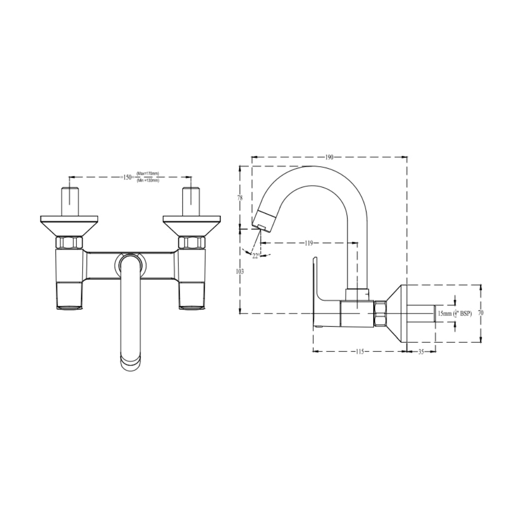 Lustre Wall Mounted Regular Kitchen Sink Mixer Chelsea F1016501FG with Swinging Spout in French Gold Finish