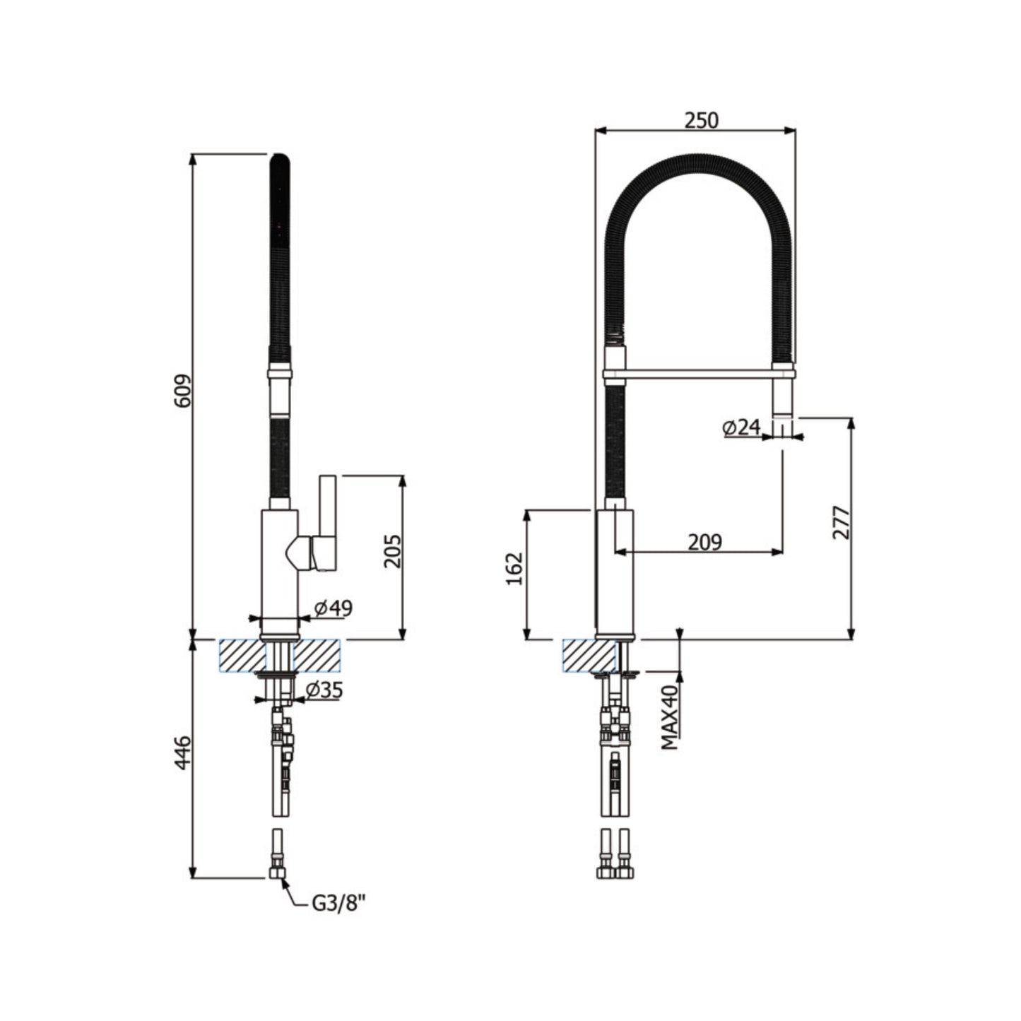 Hafele Table Mounted Semi-Professional Kitchen Sink Mixer FLAMBE-ROUND with Extractable Hand Shower Spout in Chrome Finish