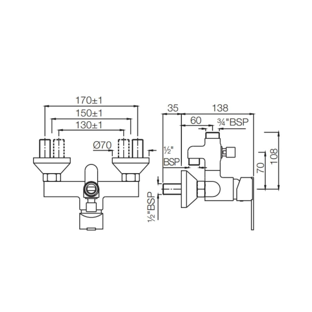 Jaquar 2 Way Wall Mixer Fonte FON-CHR-40145 Normal Flow - Chrome Finish