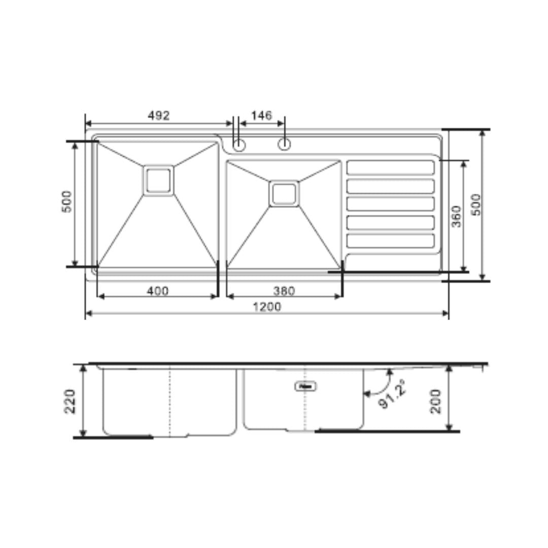 Futura Stainless Steel Sink Intelligent Series DOUBLE BOWL WITH DRAIN BOARD FS 4720 IS ( 47 x 20 inches ) - Brush