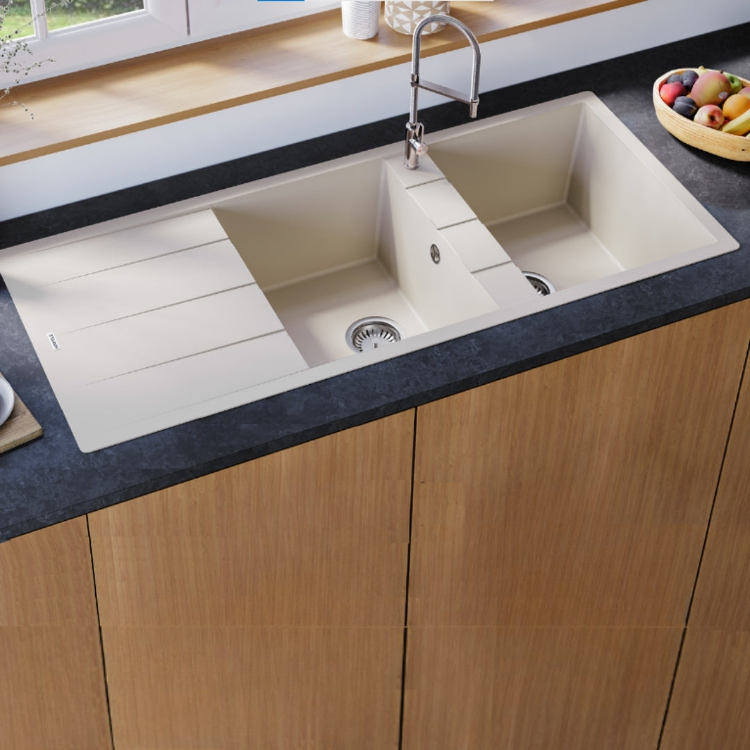 Hafele Quartz Sink Lithos Quartz Range GRANDE DOUBLE BOWL ( 46 x 20 inches ) - Ivory