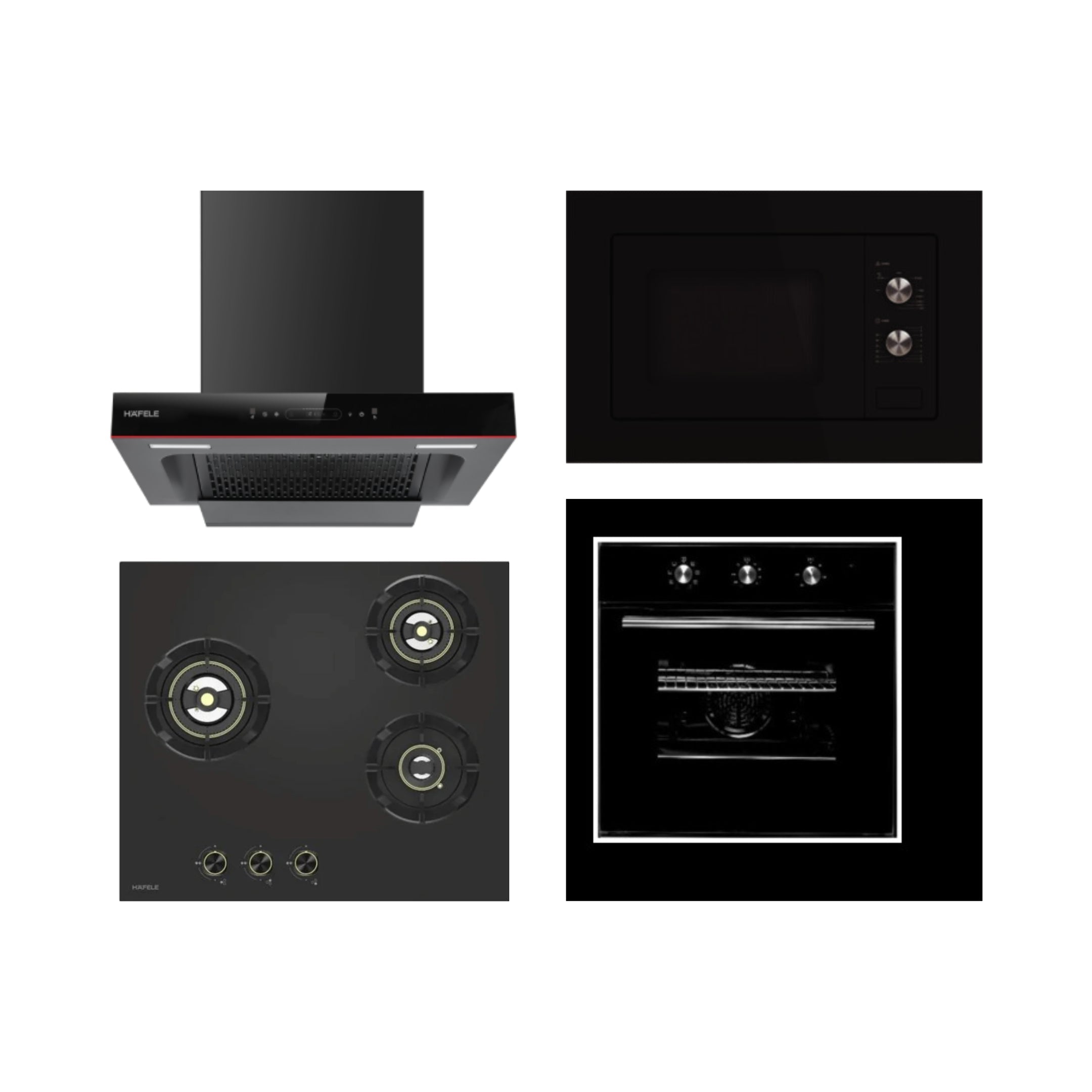 Hafele Built In Oven FM65 BIO + Hafele Built-In Microwave FM20 MWO + Hafele 60 cm Wall Mounted Chimney Essentia Series RENATA T-60 HOOD + Hafele 60 cm 3 Burner Hob Essentia Series VERENA 360