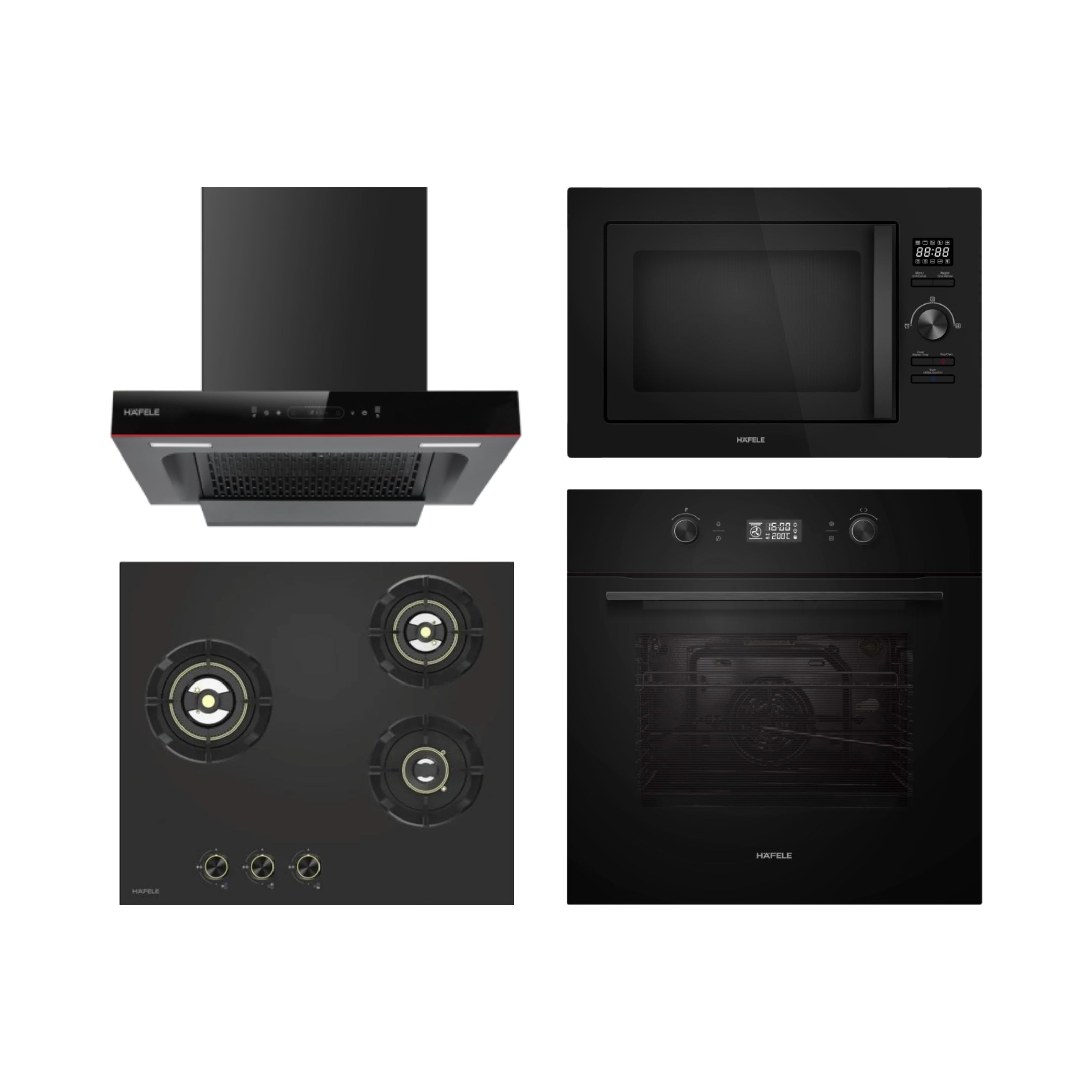 Hafele Built In Oven AURORA 80 + Hafele Built-In Microwave AURORA 25 + Hafele 60 cm Wall Mounted Chimney Essentia Series RENATA T-60 HOOD + Hafele 60 cm 3 Burner Hob Essentia Series VERENA 360