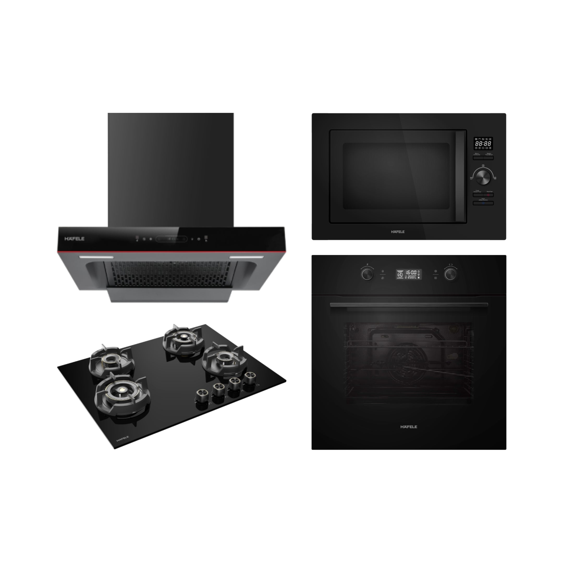 Hafele Built In Oven AURORA 80 + Hafele Built-In Microwave AURORA 25 + Hafele 60 cm Wall Mounted Chimney Essentia Series RENATA T-60 HOOD + Hafele 70 cm 4 Burner Hob Essentia Series VERENA 470