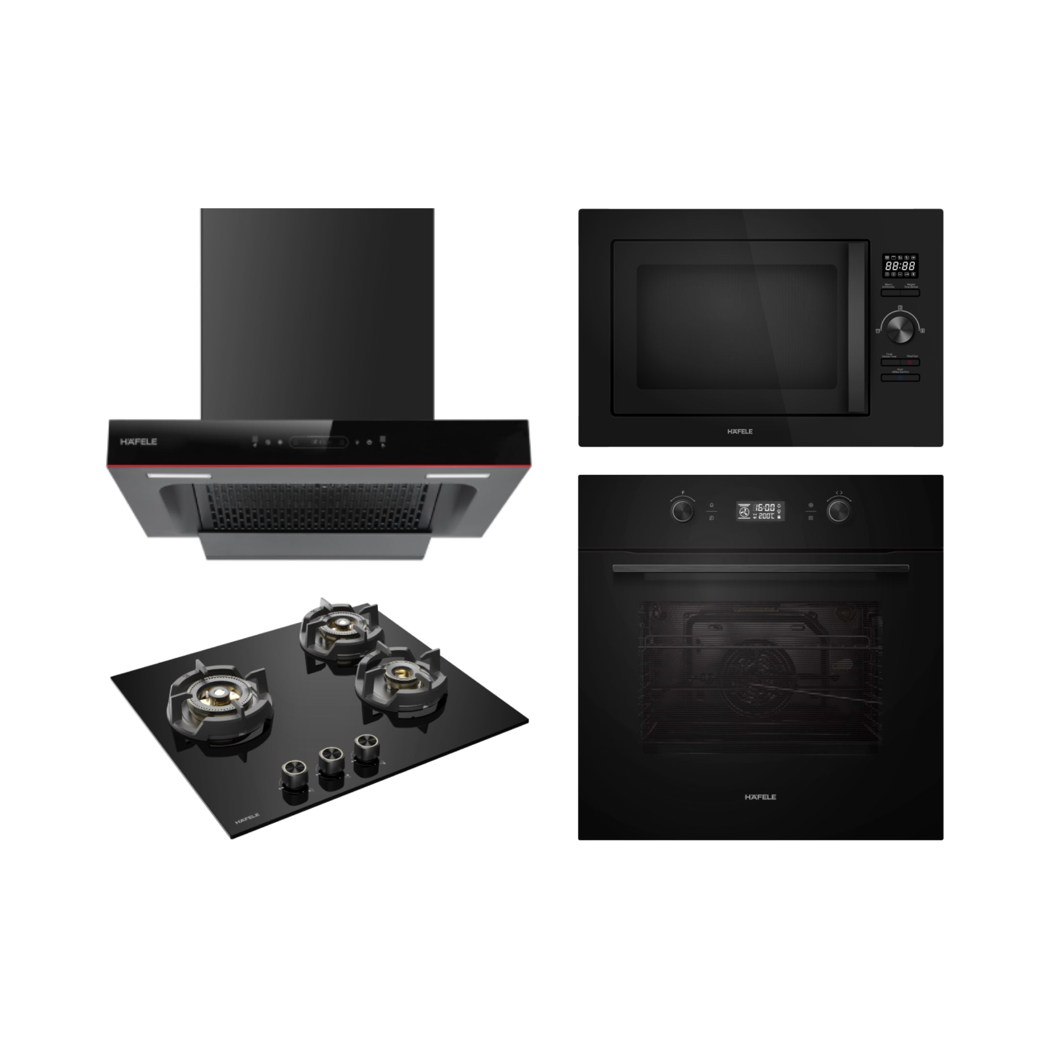 Hafele Built In Oven AURORA 80 + Hafele Built-In Microwave AURORA 25 + Hafele 60 cm Wall Mounted Chimney Essentia Series RENATA T-60 HOOD + Hafele 60 cm 3 Burner Hob Essentia Series AUGUSTA 360