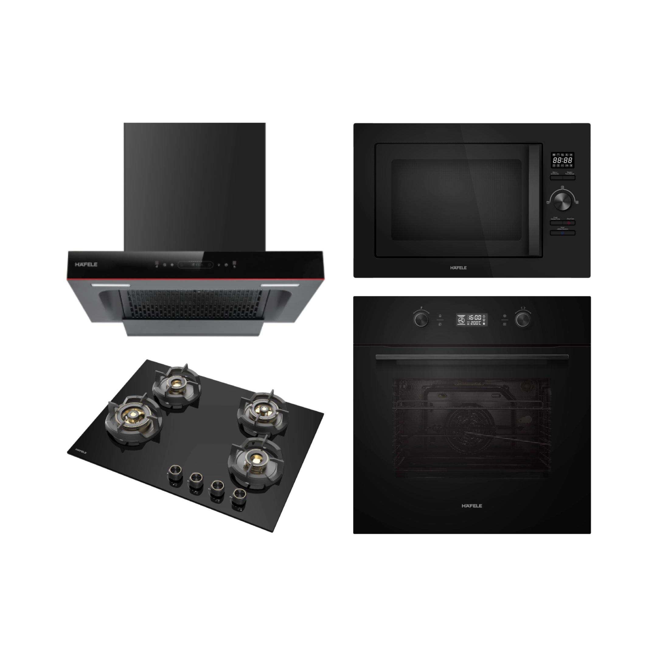 Hafele Built In Oven AURORA 80 + Hafele Built-In Microwave AURORA 25 + Hafele 60 cm Wall Mounted Chimney Essentia Series RENATA T-60 HOOD + Hafele 70 cm 4 Burner Hob Essentia Series AUGUSTA 470