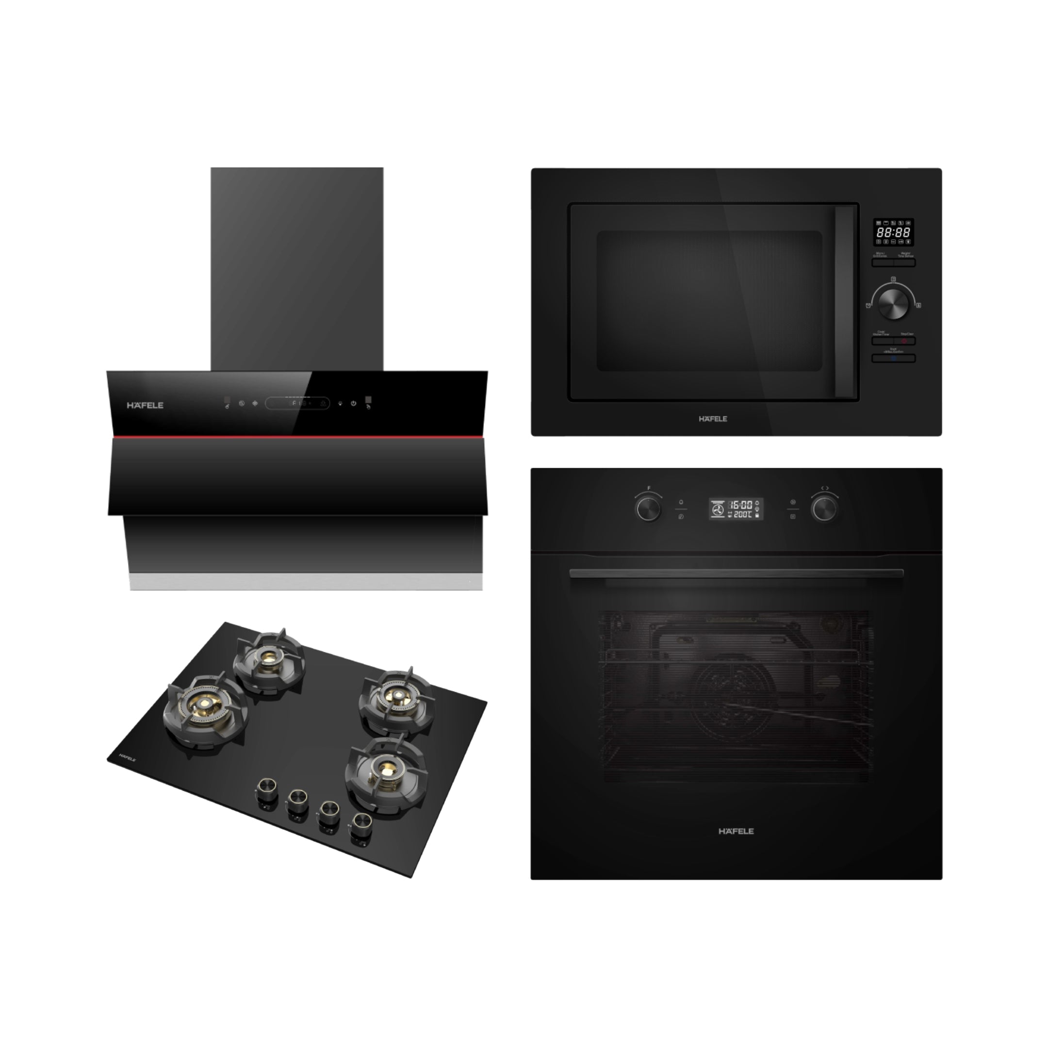 Hafele Built In Oven AURORA 80 + Hafele Built-In Microwave AURORA 25 + Hafele 60 cm Wall Mounted Chimney Essentia Series RENATA INCLINED 60 + Hafele 70 cm 4 Burner Hob Essentia Series AUGUSTA 470
