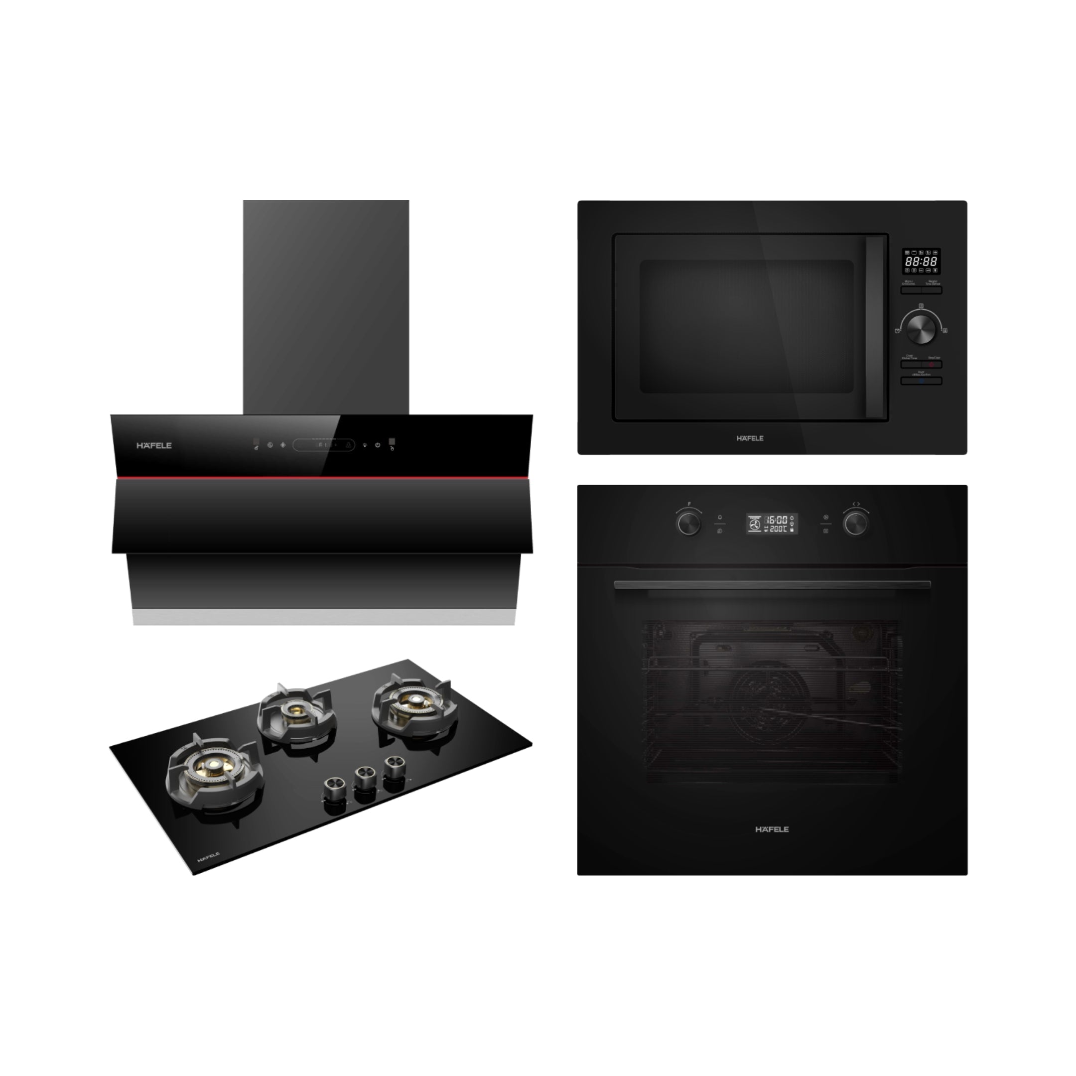 Hafele Built In Oven AURORA 80 + Hafele Built-In Microwave AURORA 25 + Hafele 75 cm Wall Mounted Chimney Essentia Series RENATA INCLINED 75 + Hafele 78 cm 3 Burner Hob Essentia Series AUGUSTA 378