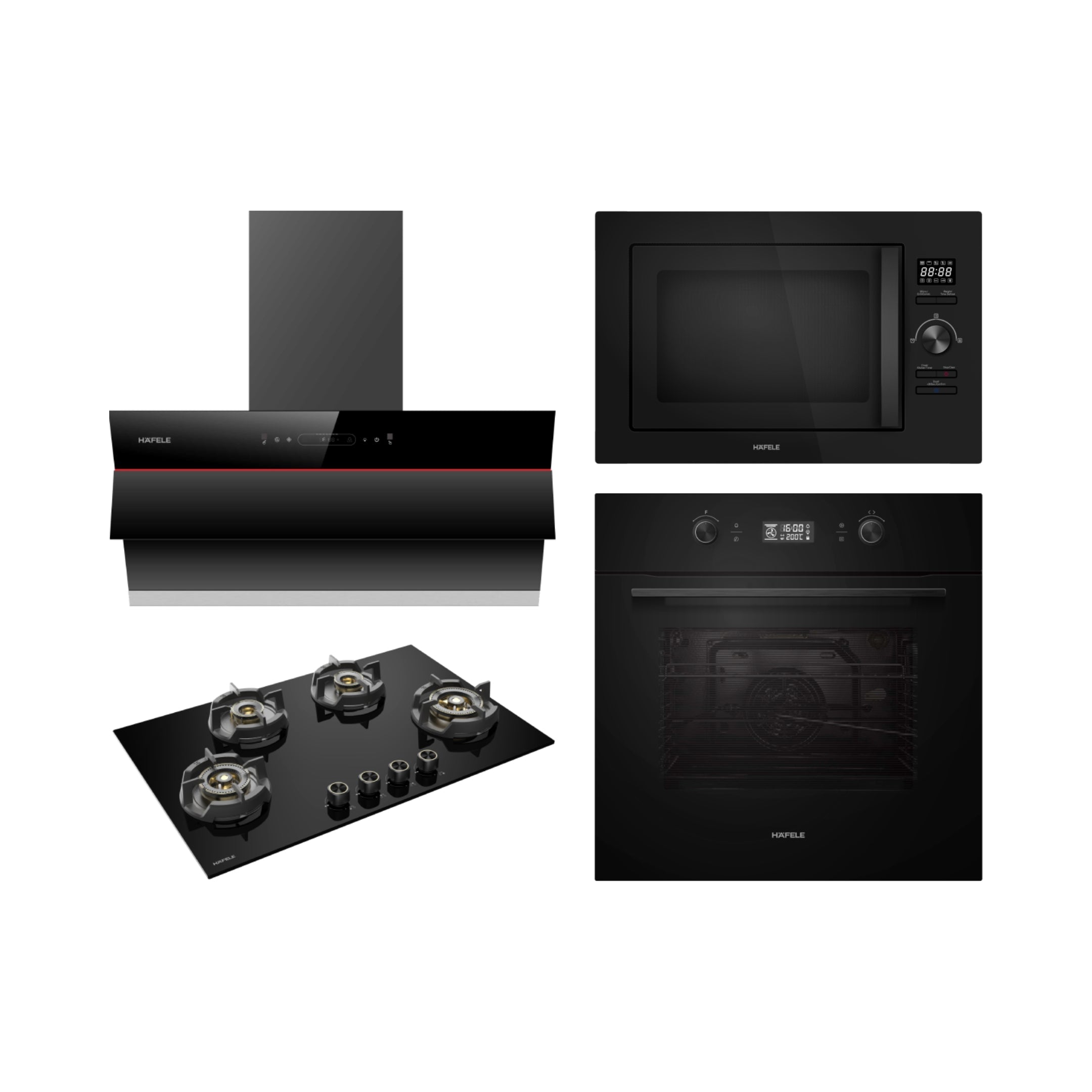 Hafele Built In Oven AURORA 80 + Hafele Built-In Microwave AURORA 25 + Hafele 90 cm Wall Mounted Chimney Essentia Series RENATA INCLINED 90 + Hafele 80 cm 4 Burner Hob Essentia Series AUGUSTA 480