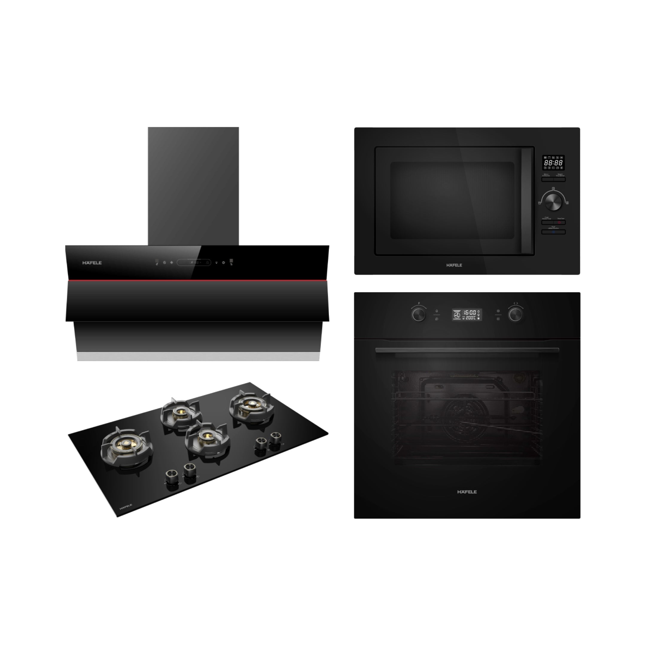 Hafele Built In Oven AURORA 80 + Hafele Built-In Microwave AURORA 25 + Hafele 90 cm Wall Mounted Chimney Essentia Series RENATA INCLINED 90 + Hafele 90 cm 4 Burner Hob Essentia Series AUGUSTA 490