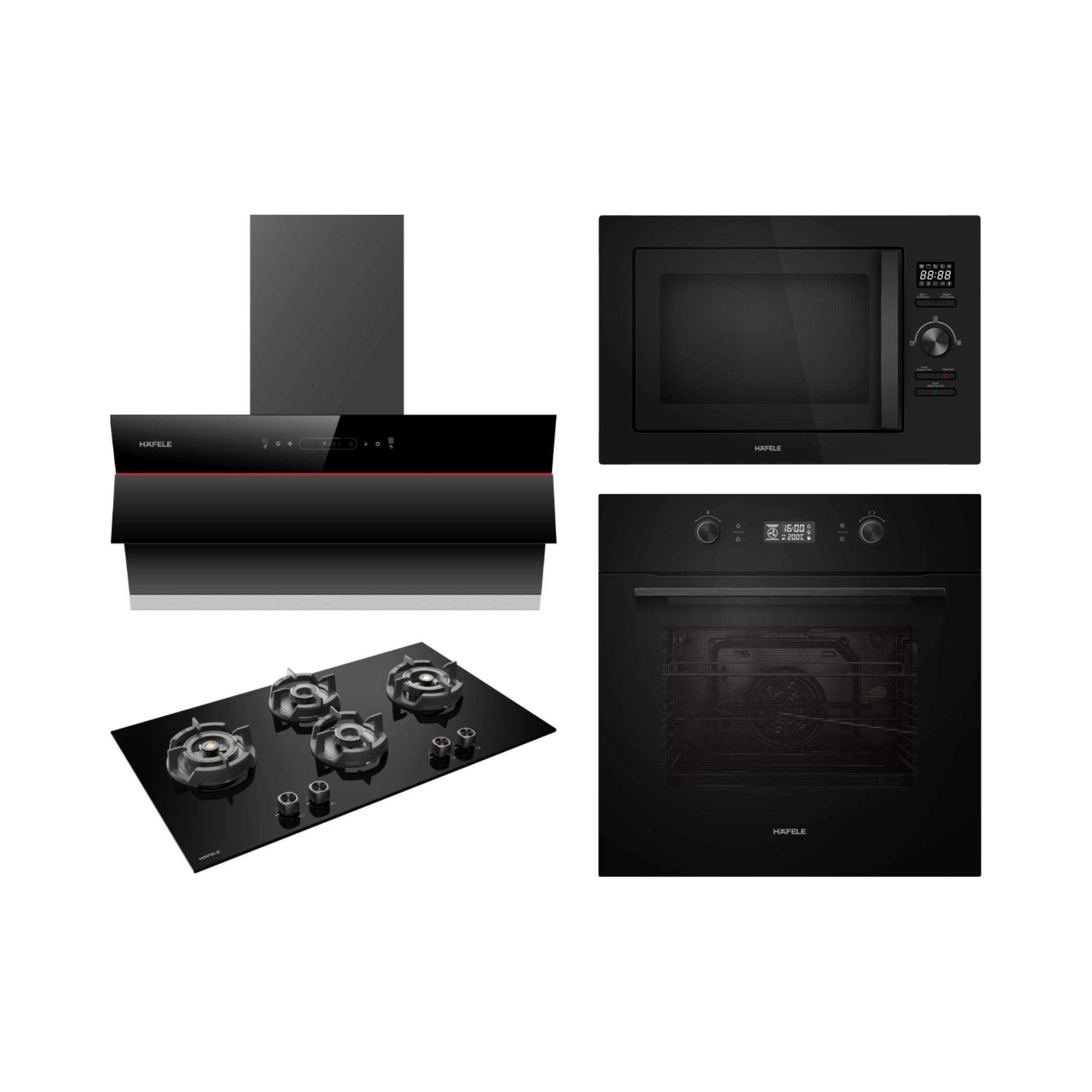 Hafele Built In Oven AURORA 80 + Hafele Built-In Microwave AURORA 25 + Hafele 90 cm Wall Mounted Chimney Essentia Series RENATA INCLINED 90 + Hafele 90 cm 4 Burner Hob Essentia Series VERENA 490