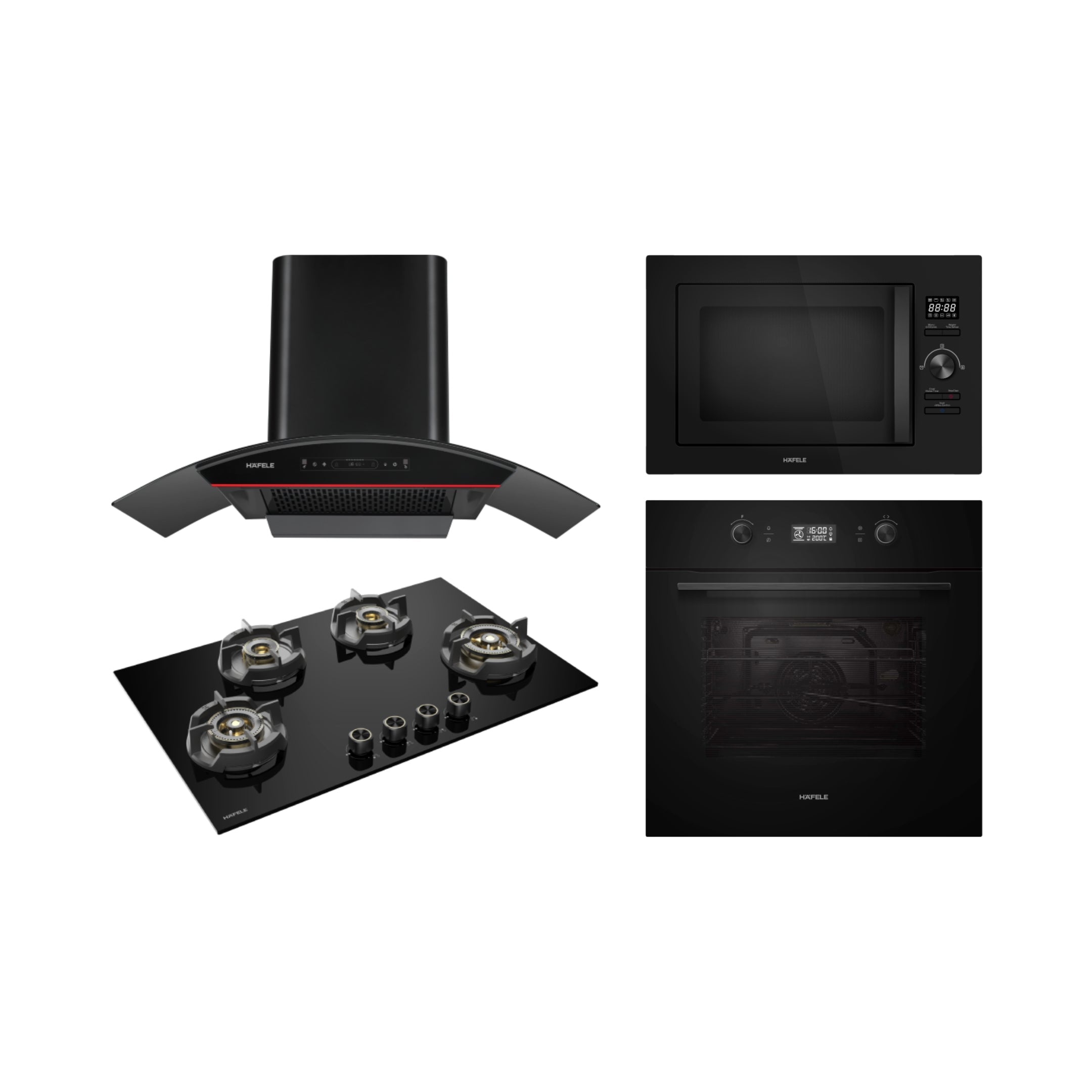 Hafele Built In Oven AURORA 80 + Hafele Built-In Microwave AURORA 25 + Hafele 90 cm Wall Mounted Chimney Essentia Series RENATA CURVED 90 + Hafele 80 cm 4 Burner Hob Essentia Series AUGUSTA 480
