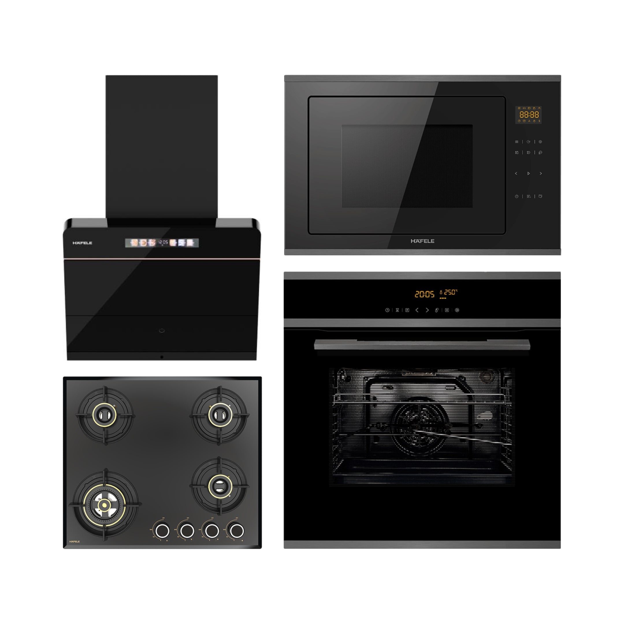 Hafele Built In Oven J70 BIO PLUS + Hafele Built-In Convection Microwave J34 MWO PLUS + Hafele 60 cm Wall Mounted Chimney TERESA NEO I-60 BLDC + Hafele 60 cm 4 Burner Hob Altius Series ALTIUS FS 460