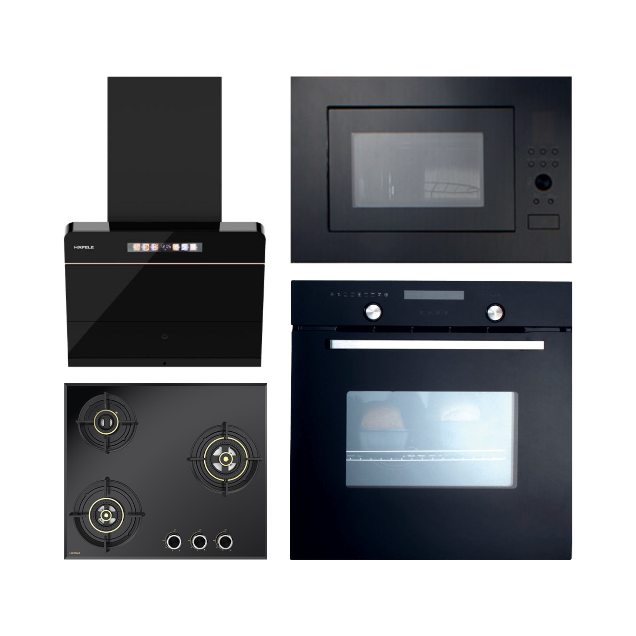 Hafele Built In Oven CELIA 70 + Hafele Built-In Microwave AIDA 28 + Hafele 60 cm Wall Mounted Chimney TERESA NEO I-60 BLDC + Hafele 60 cm 3 Burner Hob Altius Series ALTIUS FS 360